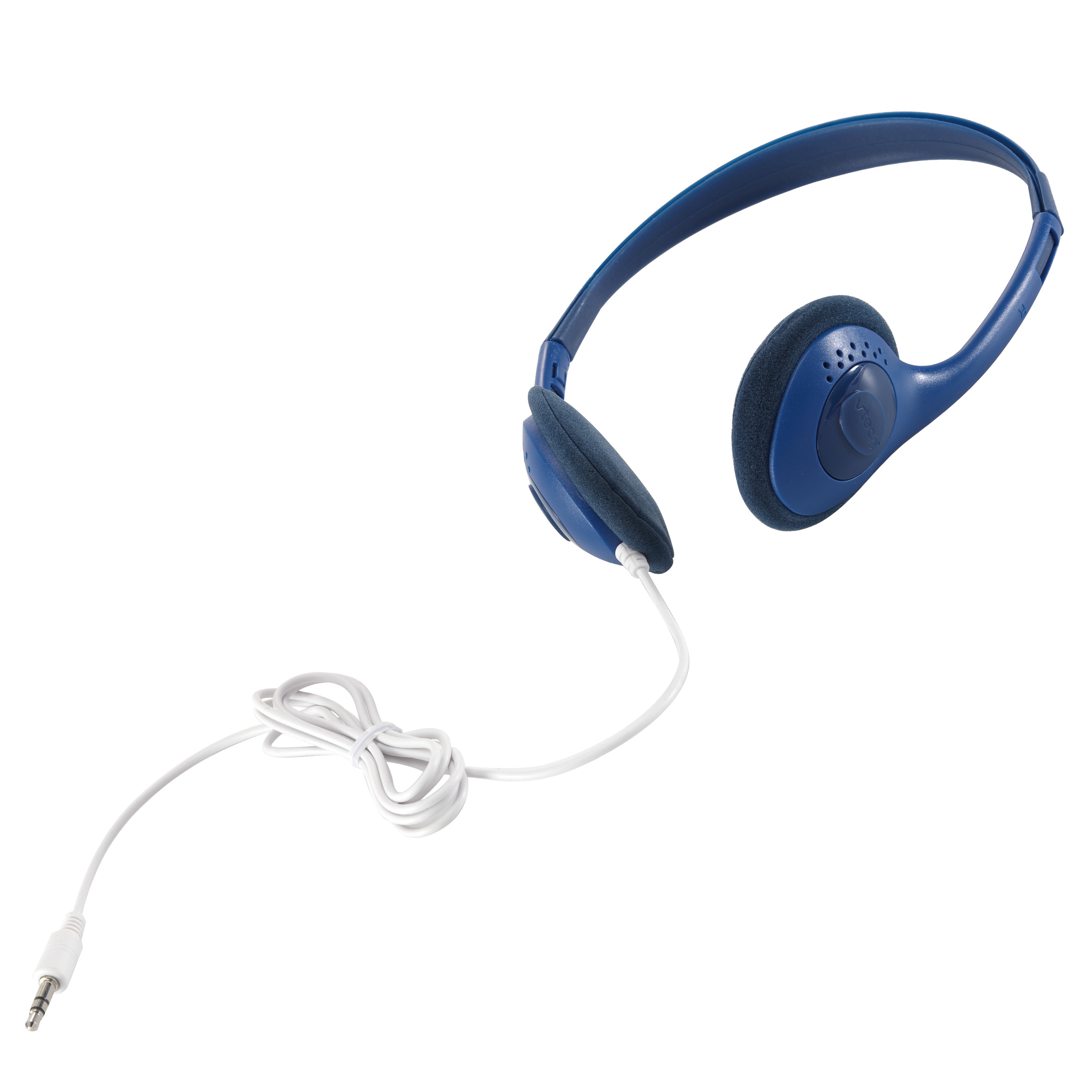 Blaue Kopfhörer mit weißem Kabel, isoliert auf weißem Hintergrund.