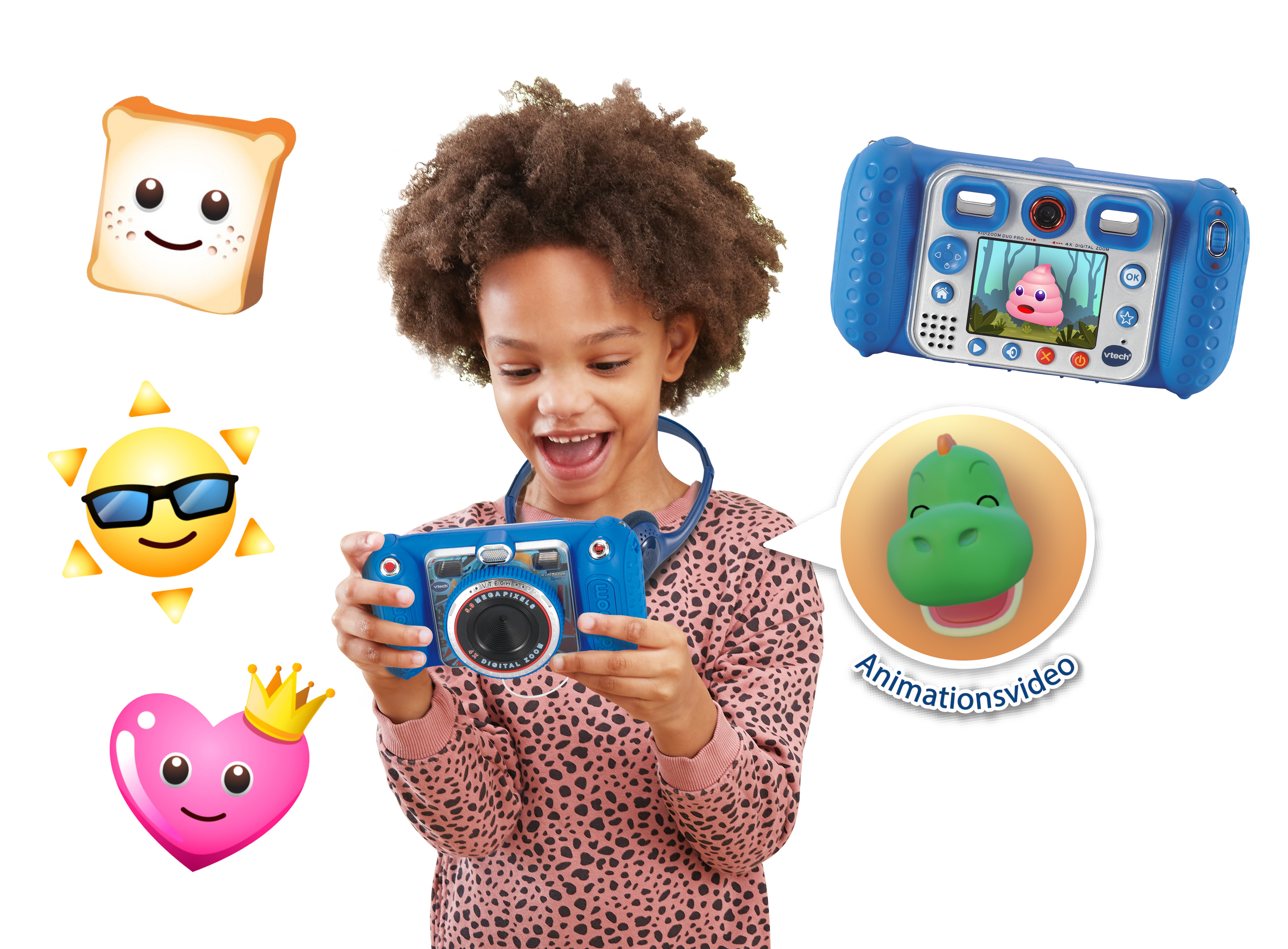 Ein Mädchen lächelt und hält eine blaue Spielzeugkamera. Emoji-Bilder auf weißem Hintergrund.