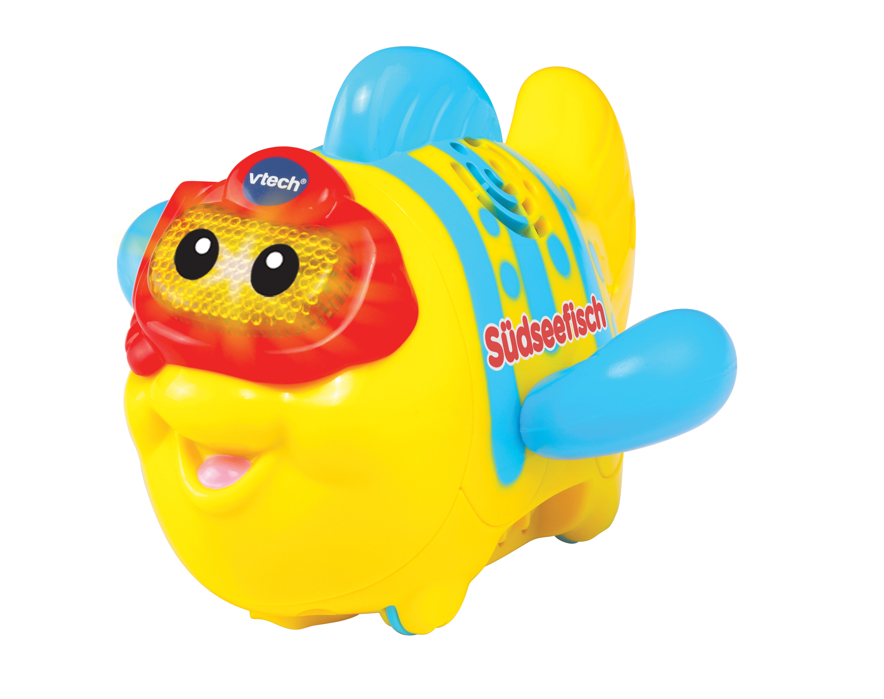 Gelber Spielzeugfisch mit blauen Flossen und roter Maske, lächelnd.