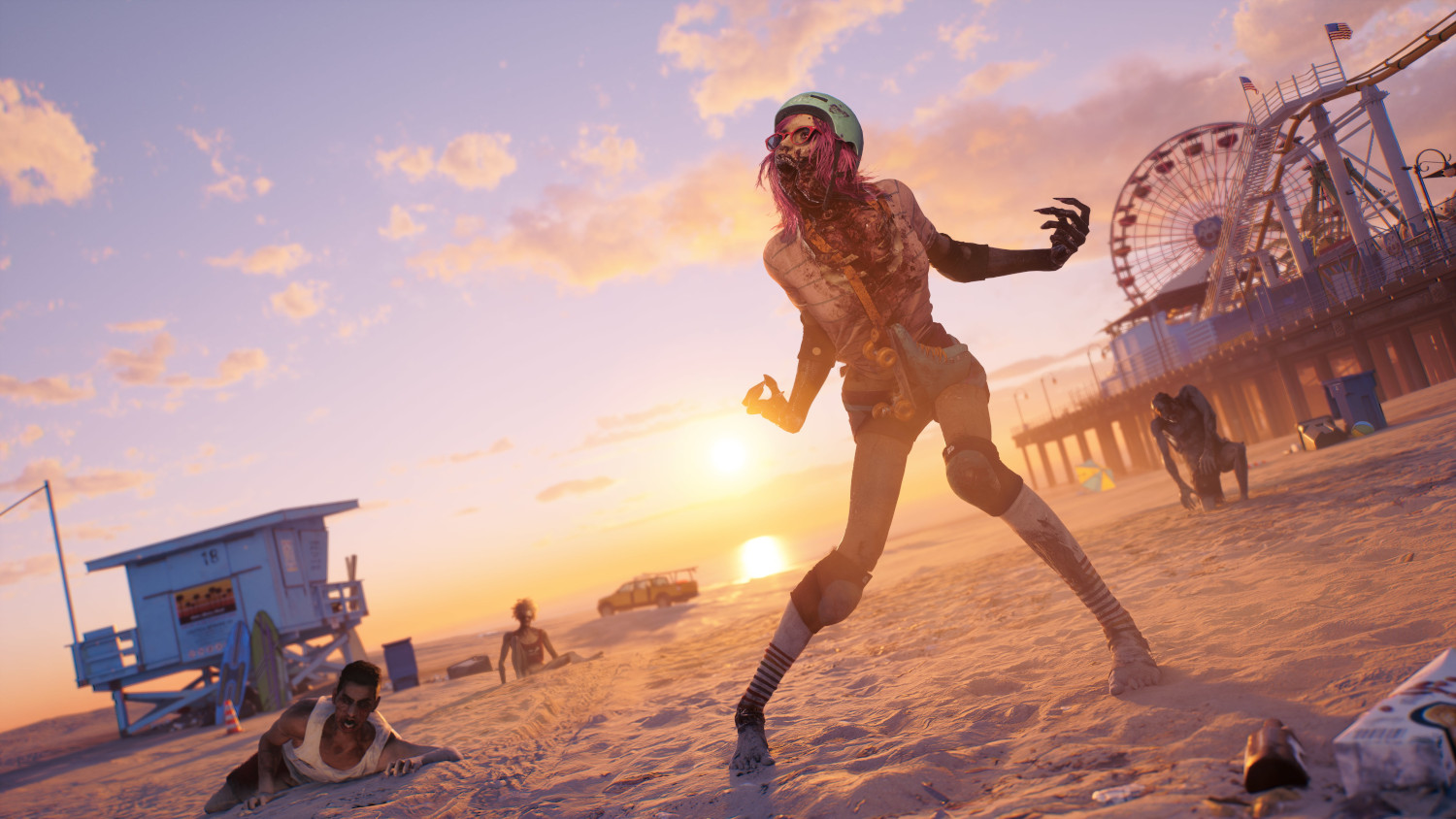 Een zombie op een strand, met zombies en een strandwachtpost op de achtergrond bij zonsondergang.