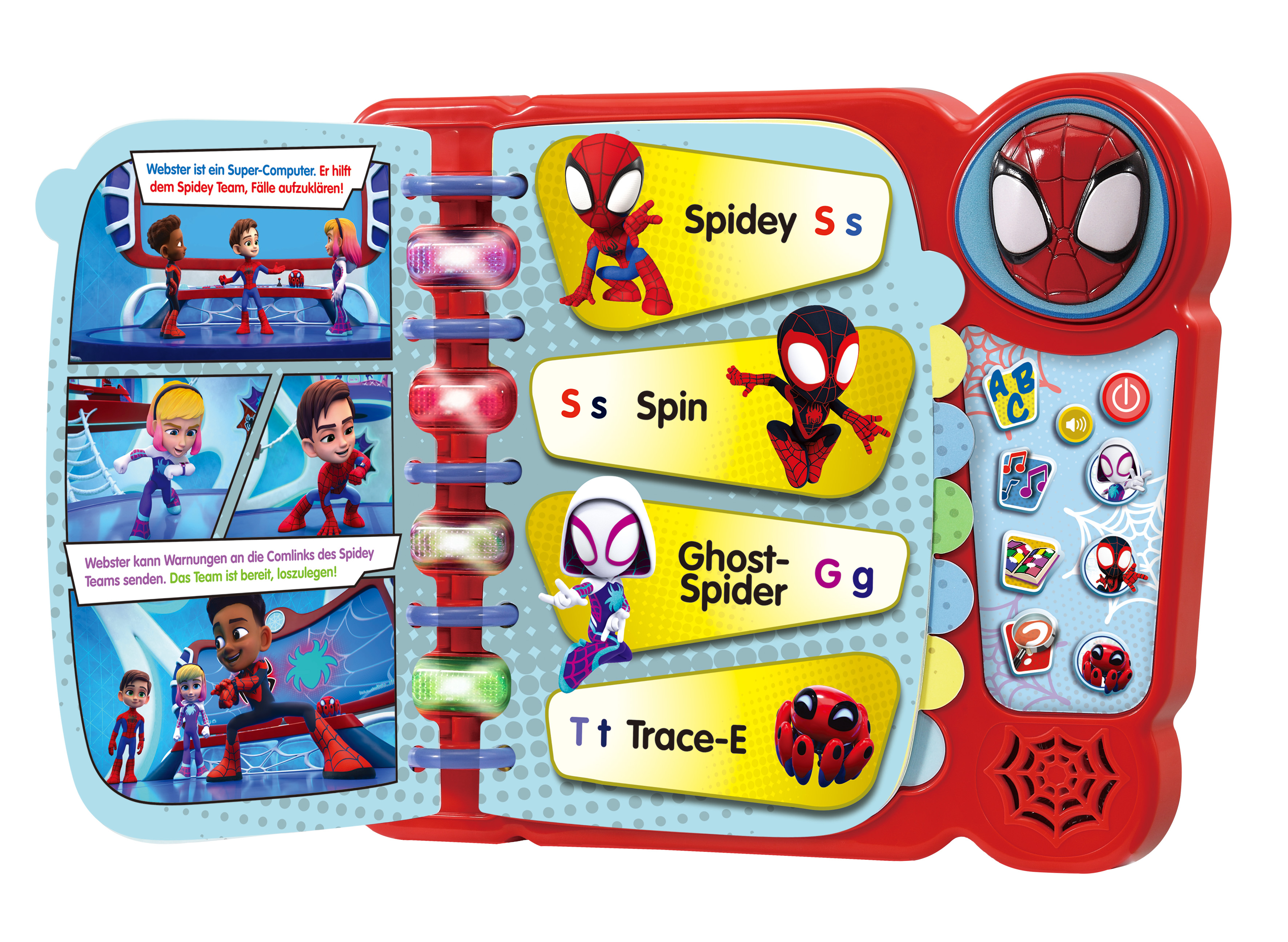 Ein rotes und blaues Spider-Man-Buch mit Figuren und Text auf den Seiten.