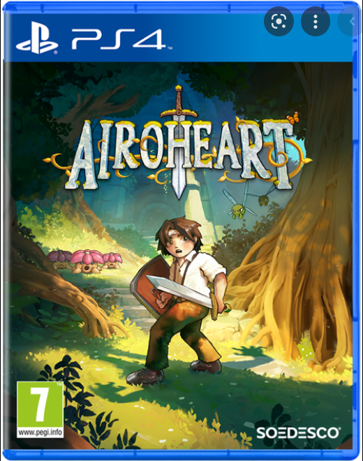 PS4 game cover: 'Airoheart'. Een krijger met zwaard en schild in een bos.