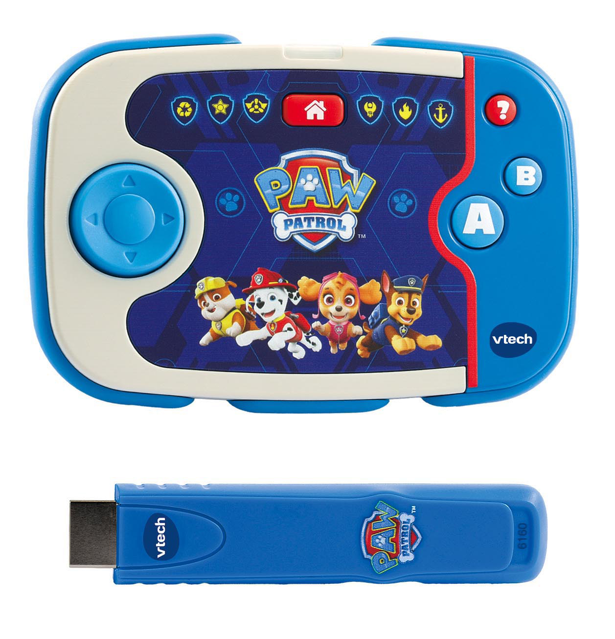 Eine blaue Paw Patrol Handheld-Konsole und ein passender USB-Stick. Mit Paw Patrol-Charakteren und Knöpfen.