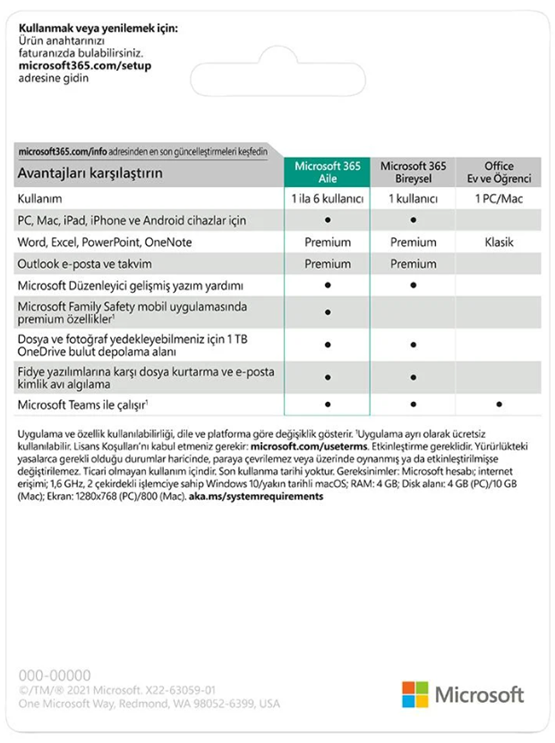 MICROSOFT Office 365 Aile 1 Yıl (Dijital İndirilebilir Lisans) 