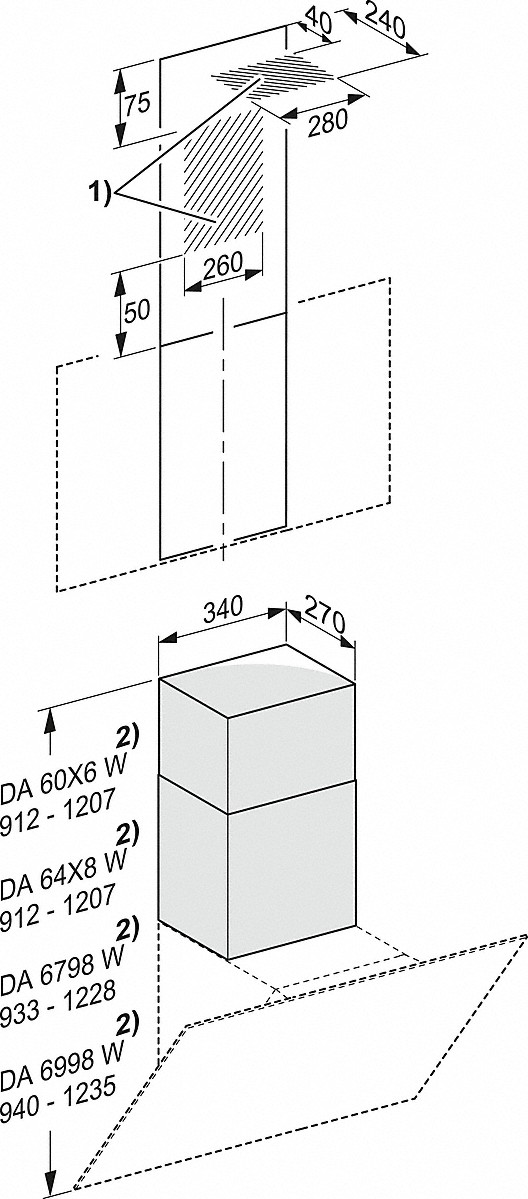 Diagramm einer Dunstabzugshaube mit Maßen und technischen Details, vor weißem Hintergrund.