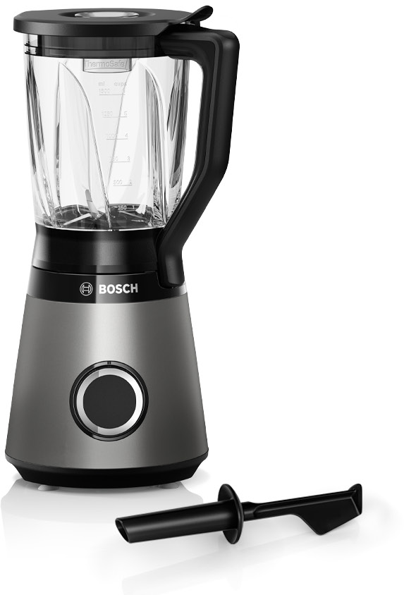 Ein grauer und schwarzer Mixer mit dem Bosch-Logo und einem schwarzen Werkzeug.