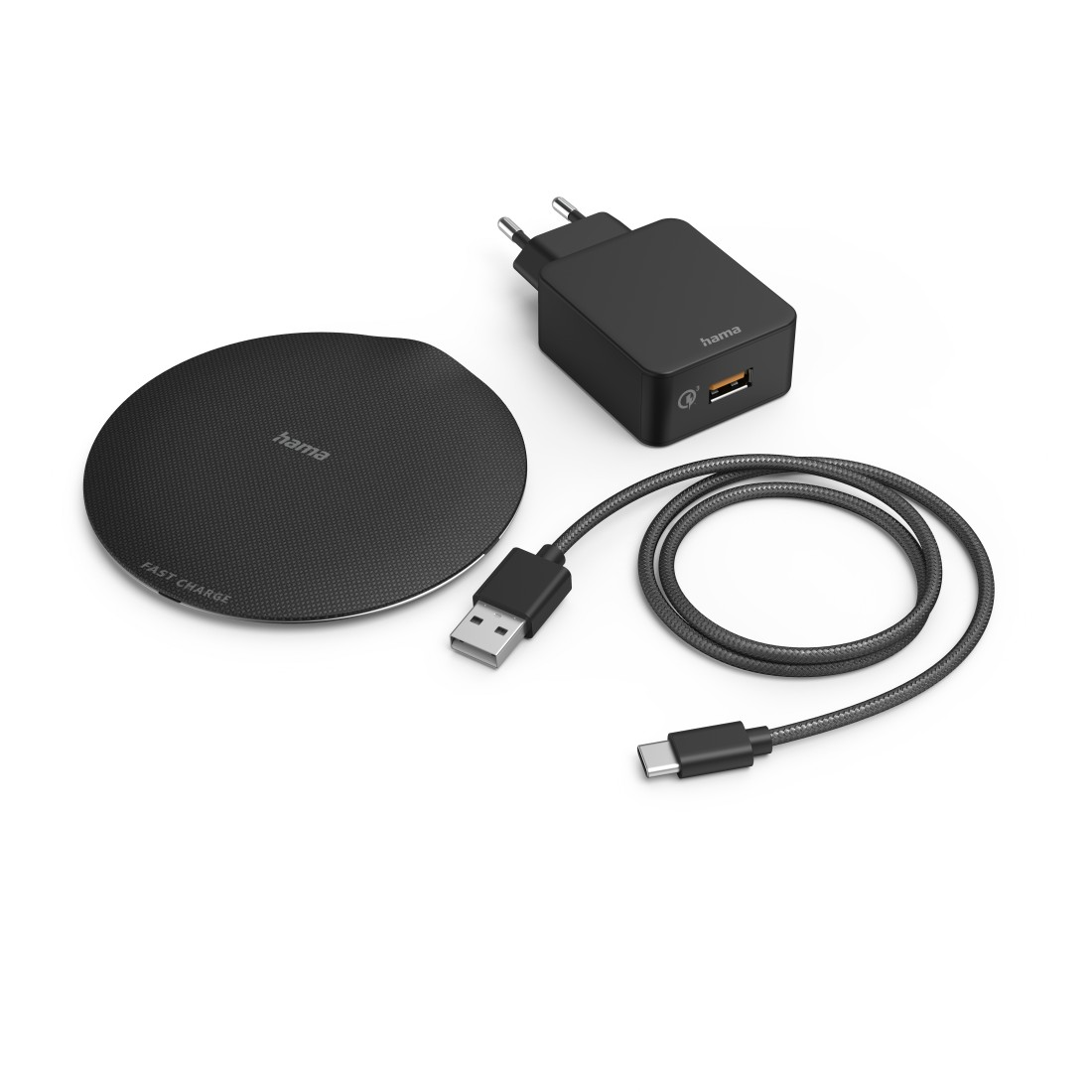 Schwarzes Hama kabelloses Ladegerät, Netzteil und Kabel.