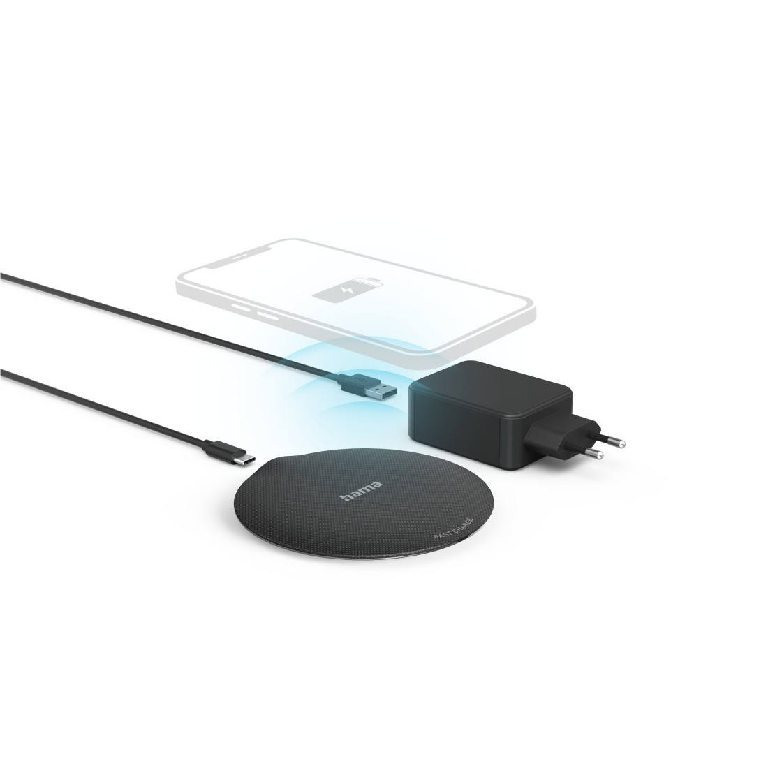Schwarzes kabelloses Ladegerät mit USB-C-Kabel, Netzteil und Telefon-Grafiküberlagerung.