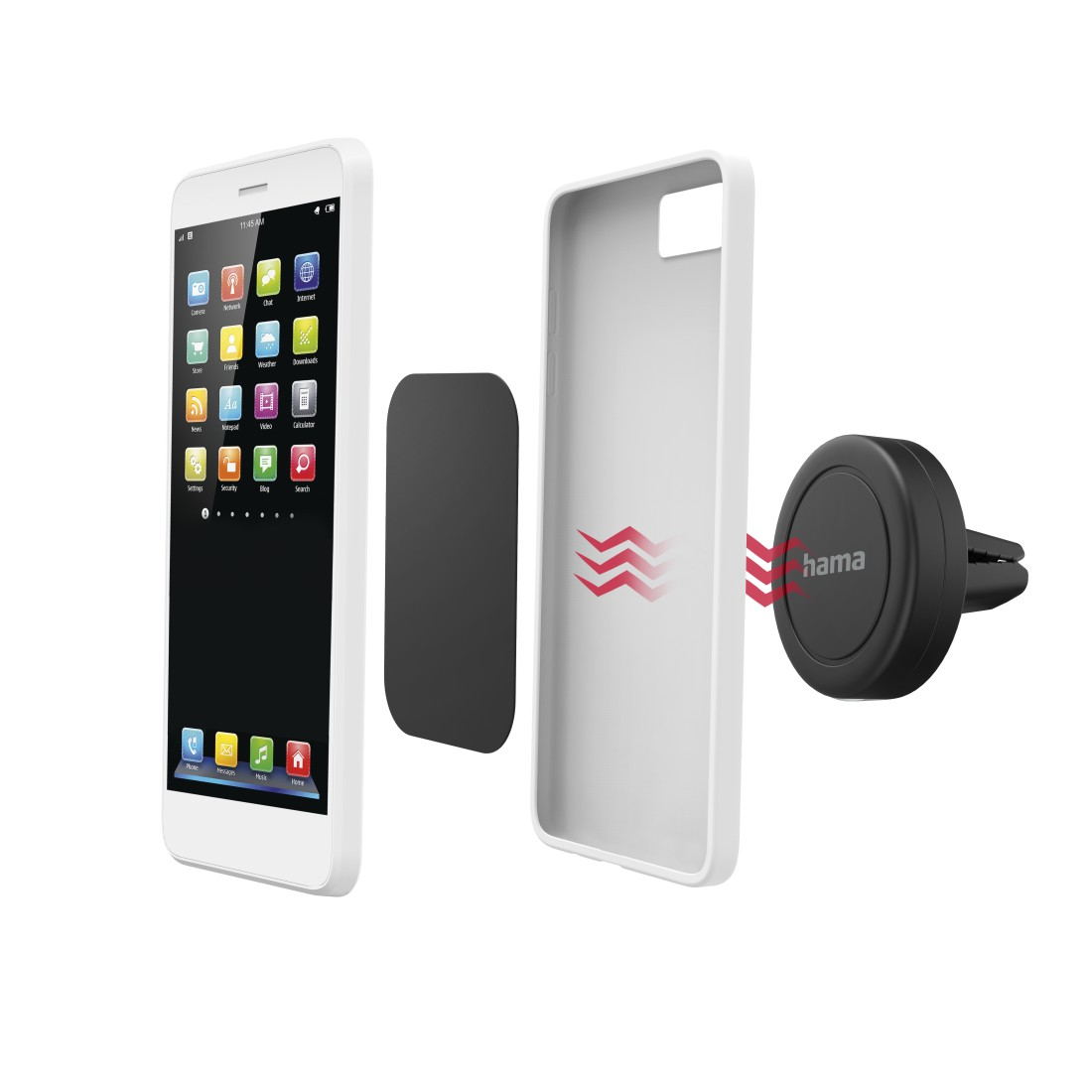 Ein weißes Smartphone, eine Hülle und eine Autohalterung mit Magnet.
