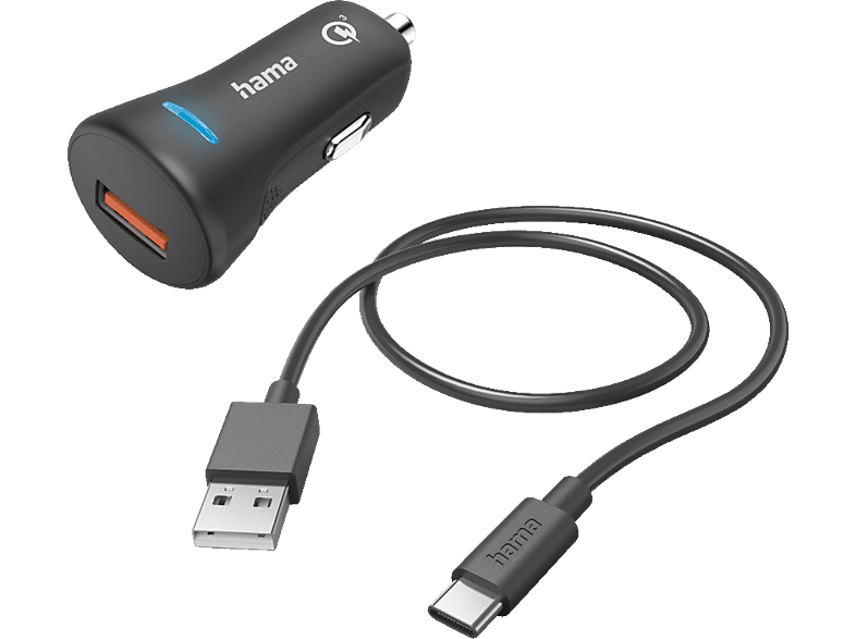 HAMA Auto-Schnellladegerät mit Ladekabel USB-C, QC, 19,5 W, 1
