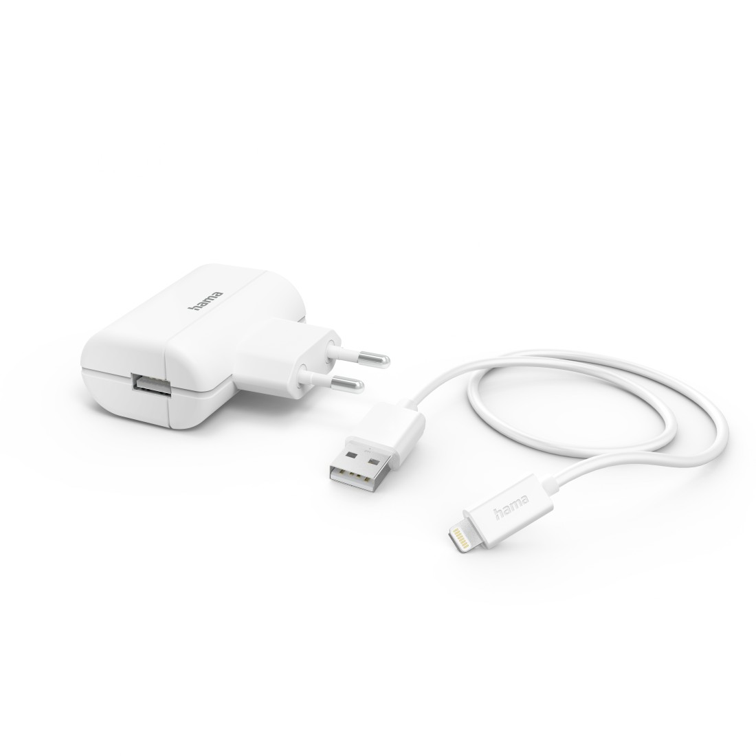 Ein weißer USB-Adapter mit zwei Anschlüssen und einem Ladekabel.