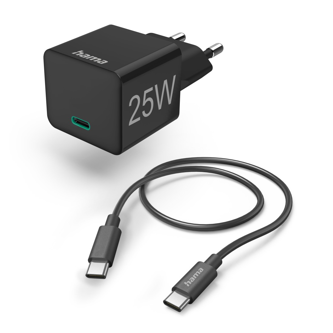 Ein schwarzes 25W Hama-Ladegerät mit USB-C-Anschluss und ein schwarzes USB-C-Kabel.