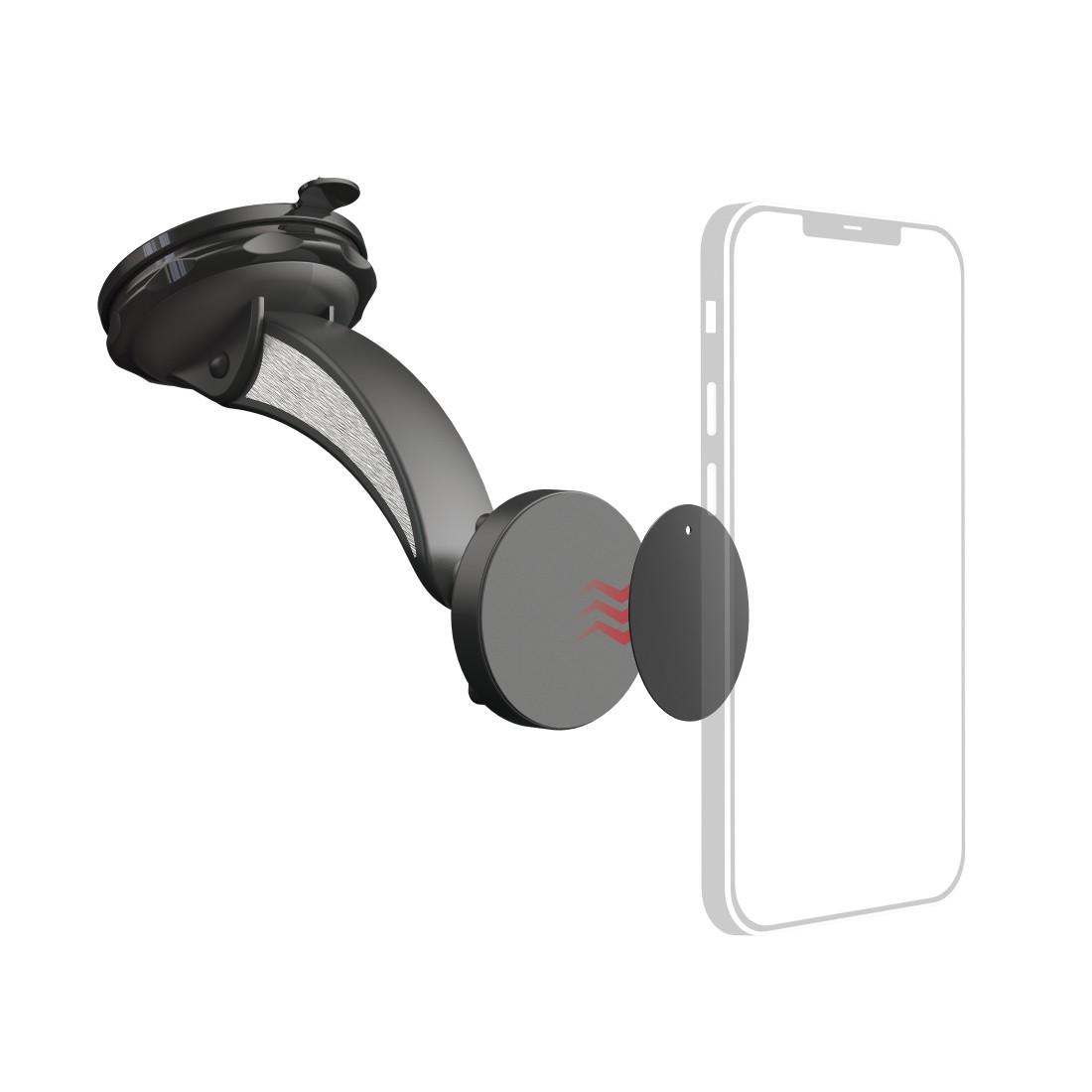 Eine schwarze Autohalterung mit einem Telefon und einem Magnetaufsatz.