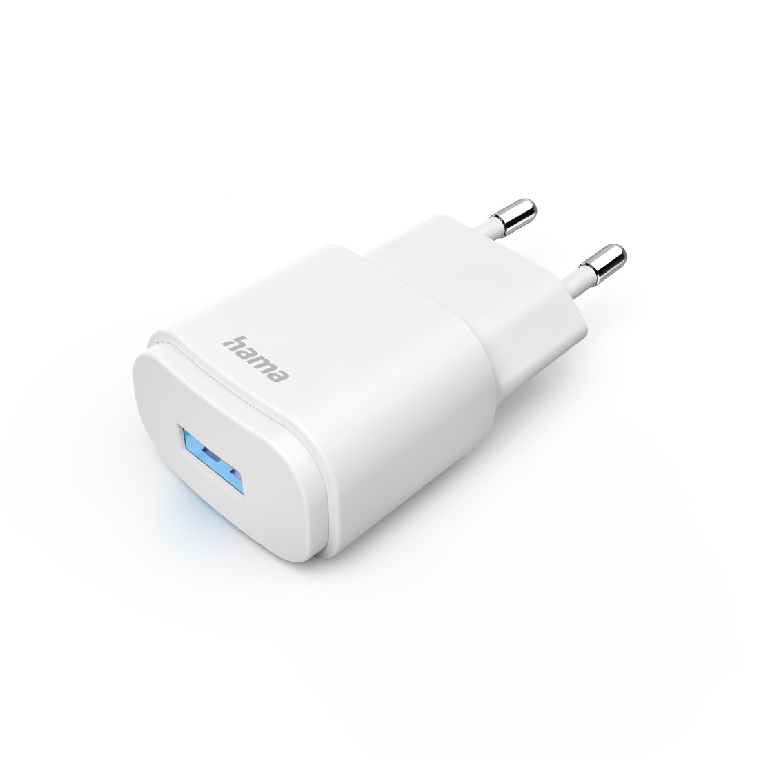 Weißes Hama USB-Ladegerät mit zwei Stiften, blaues Licht unten und USB-Anschluss.