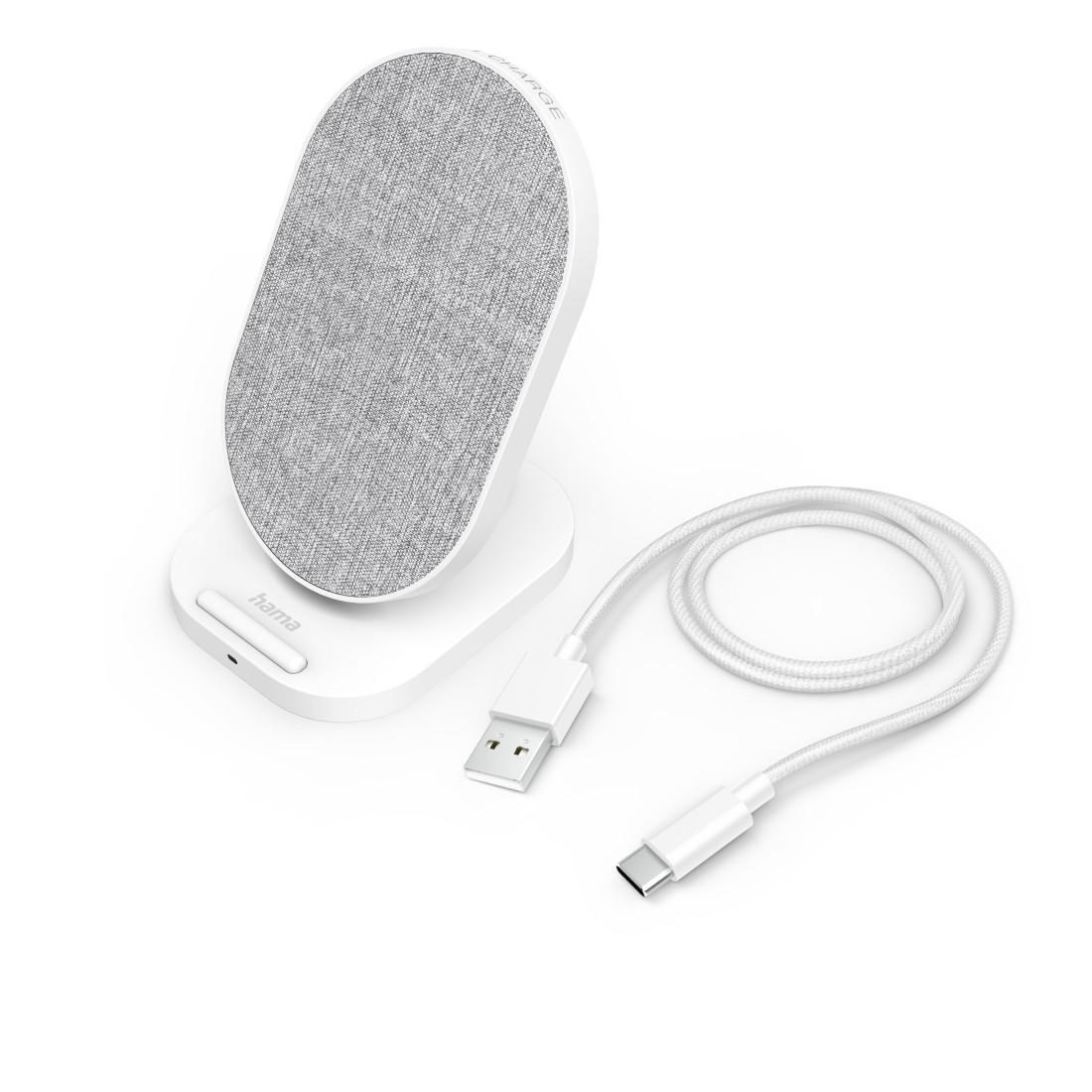 Weißer kabelloser Ladeständer mit USB-C-Kabel und Telefon.