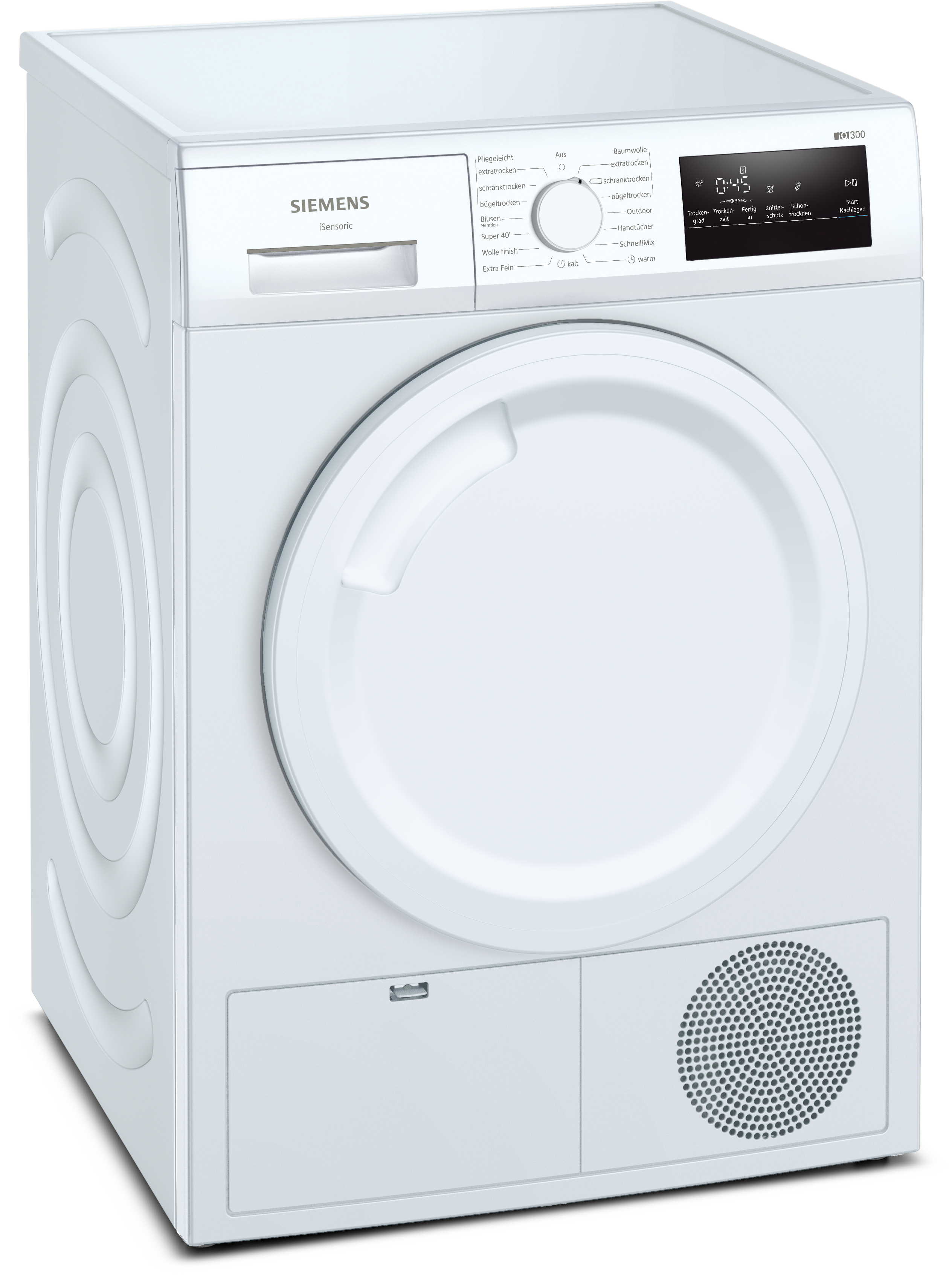 Ein weißer Siemens Trockner. Er hat eine Tür, ein Bedienfeld und eine runde Trocknertür mit Griff.