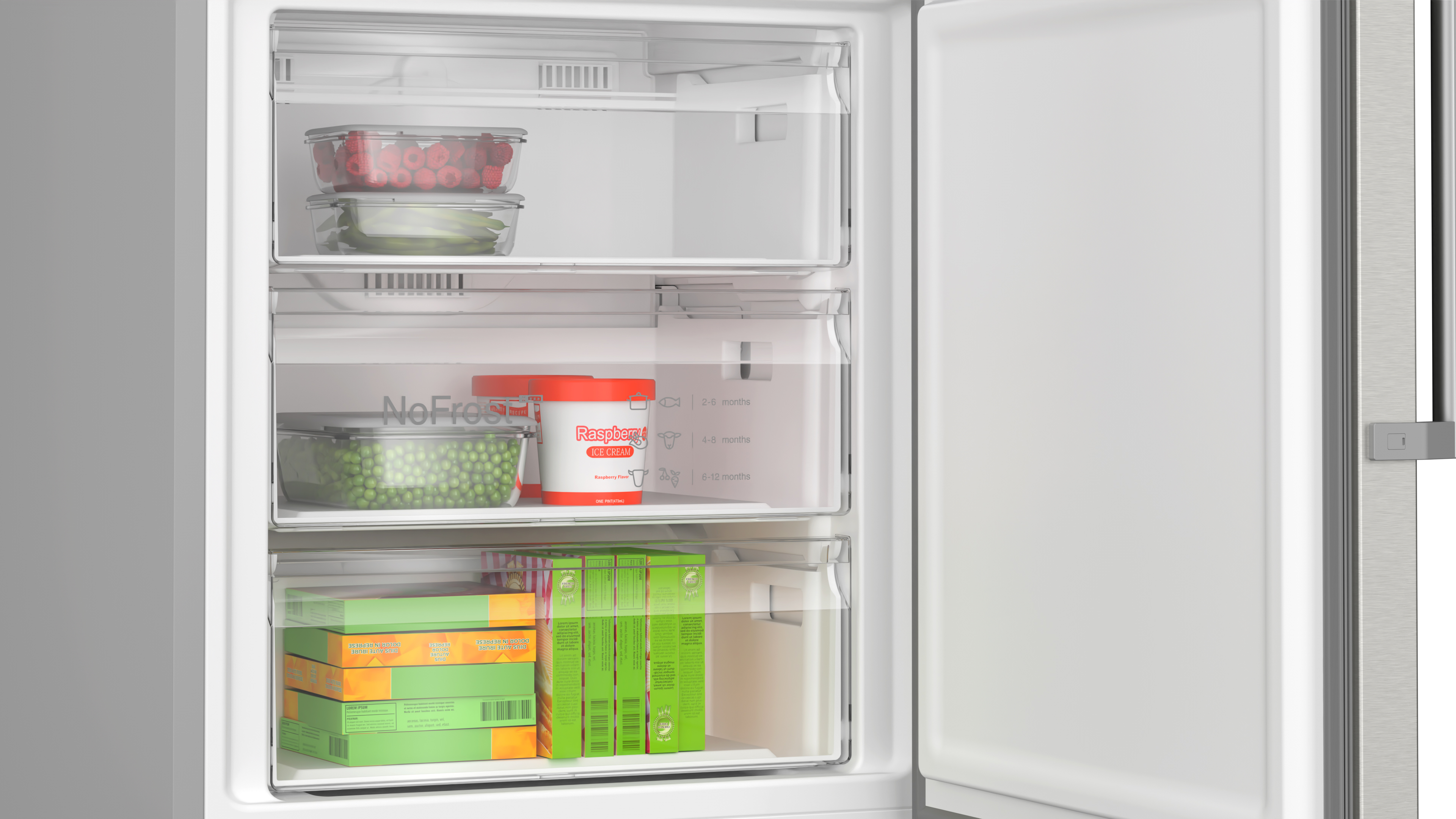 Ein Kühlschrank mit offener Tür, der Schubladen mit Lebensmitteln zeigt: Beeren, Erbsen, Eis und Tiefkühlgerichte.