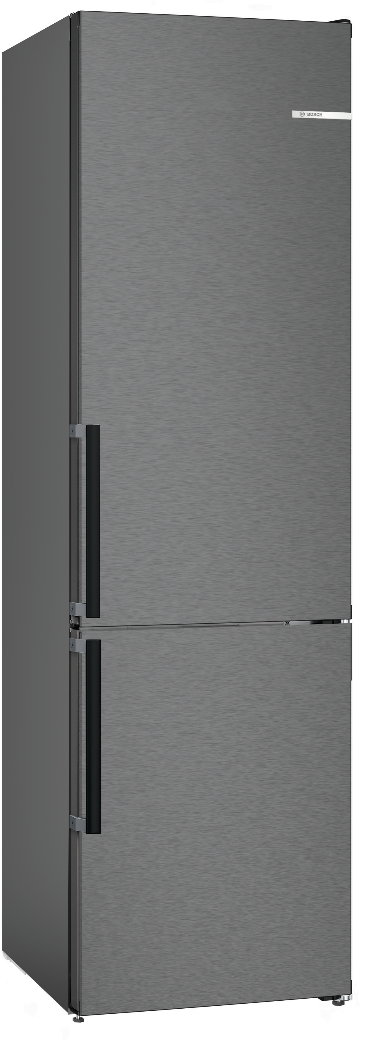 Bosch-Kühlschrank, Edelstahl, zwei Türen, mit schwarzen Griffen.