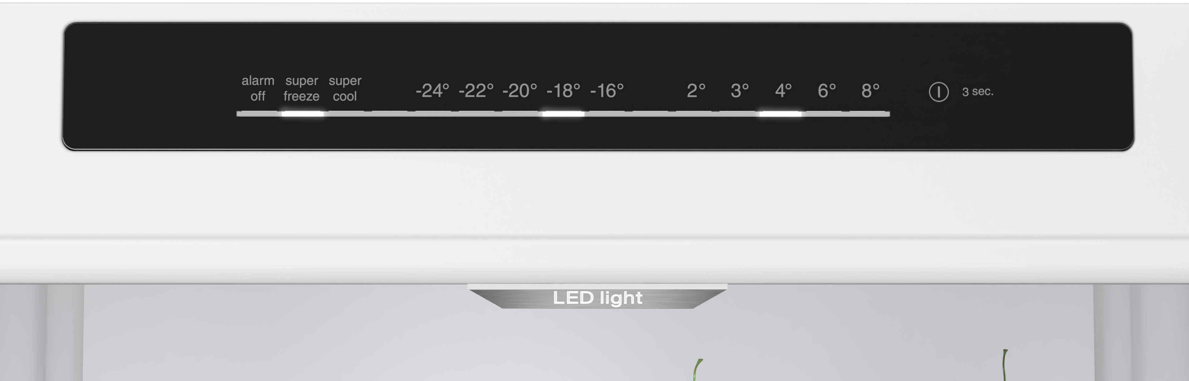 Kühlschrank-Bedienfeld mit Temperatureinstellungen und LED-Licht. Weißer Innenraum.