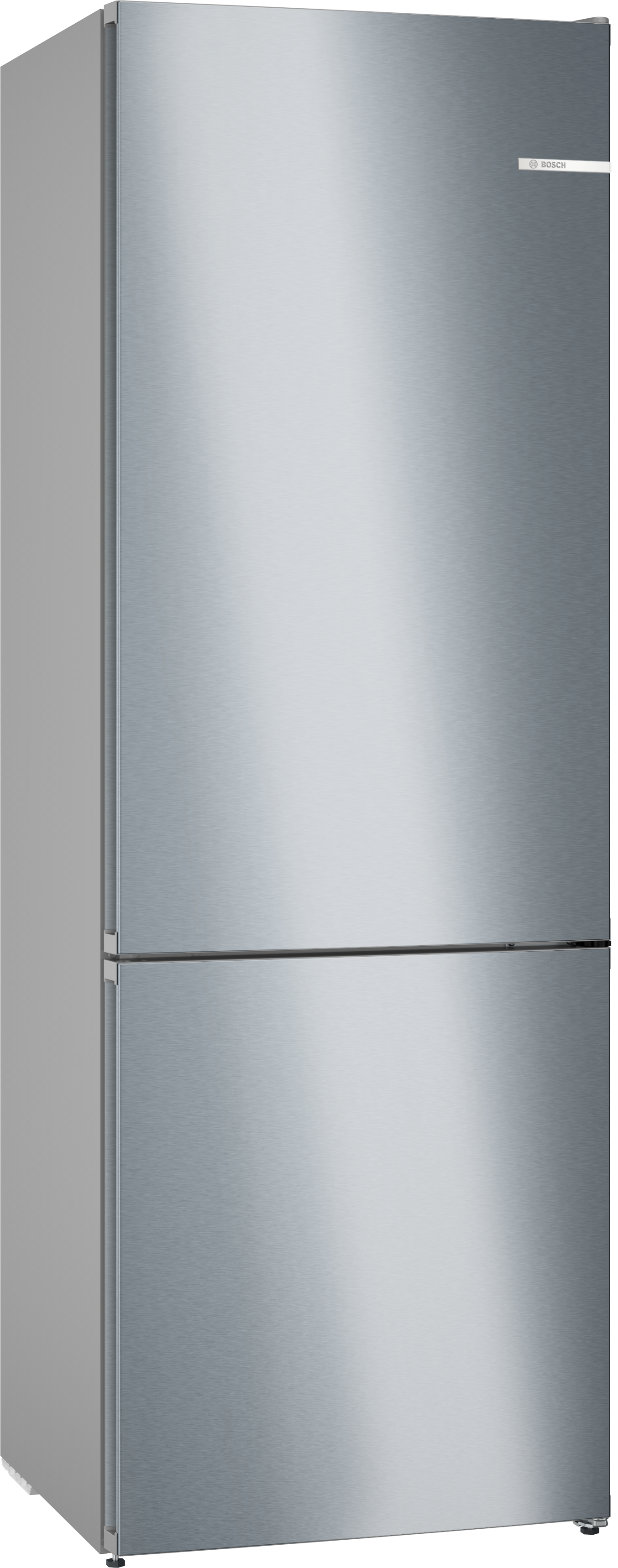 Edelstahlkühlschrank mit zwei Türen, schlichtes Design.