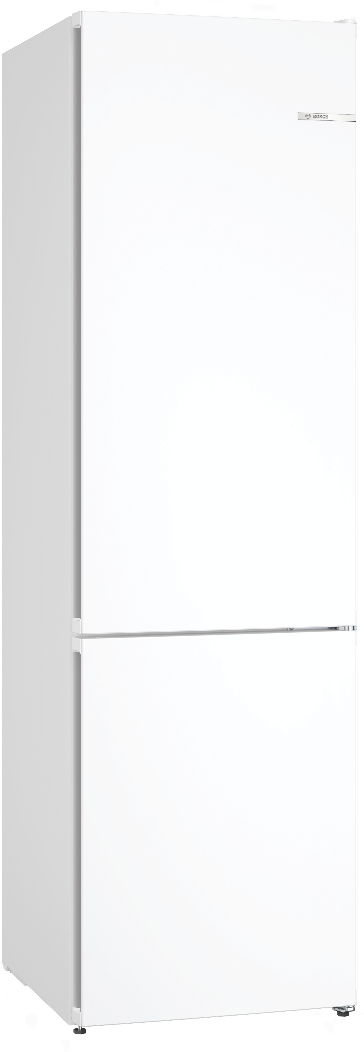 Weißer Kühlschrank, hoch und schmal, mit zwei Türen. Das Bosch-Logo ist oben.