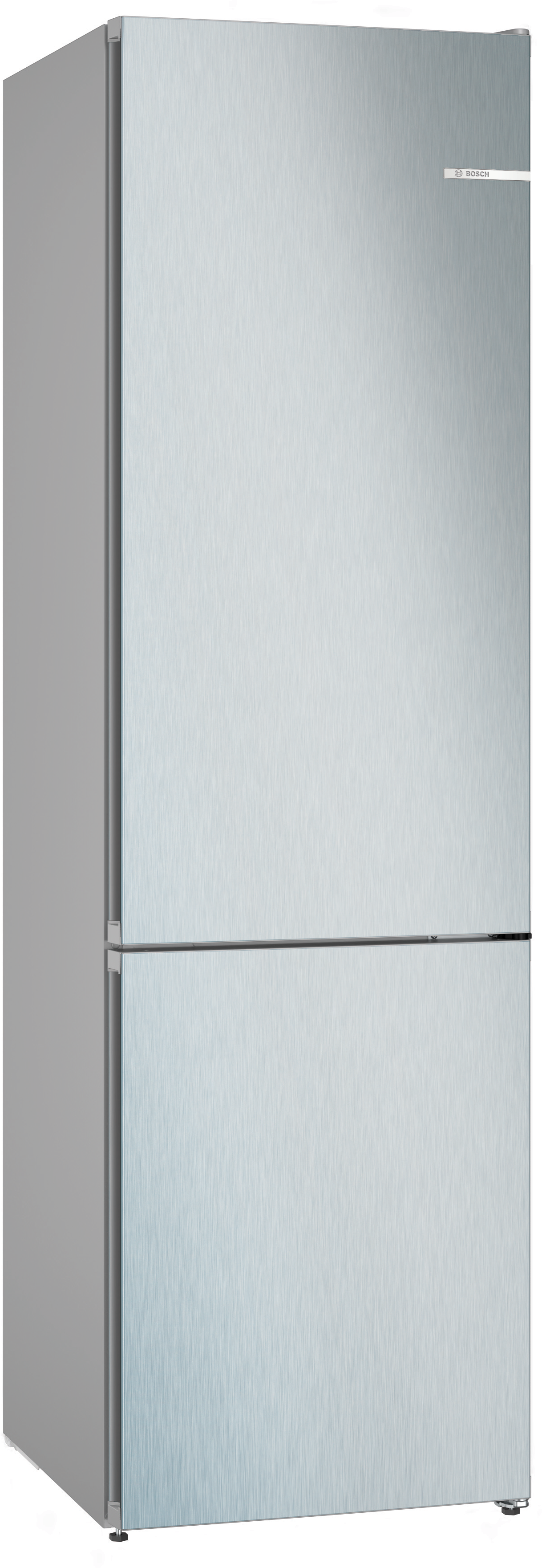 Bosch-Kühlschrank aus Edelstahl, zwei Türen, vertikale Ansicht.