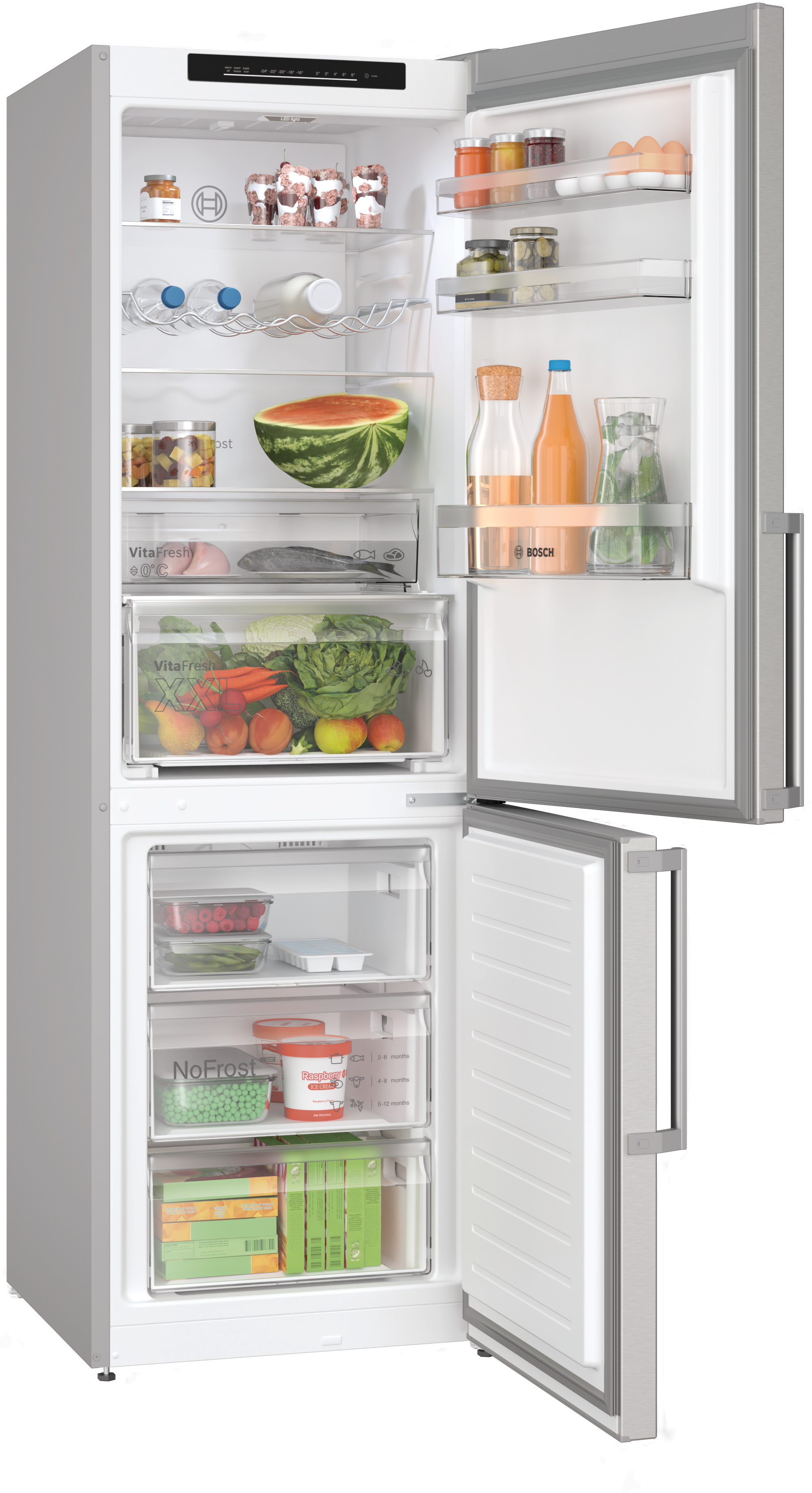 Kühlschrank mit geöffneten Türen. Enthält Regale mit Lebensmitteln. Der Hintergrund ist weiß.