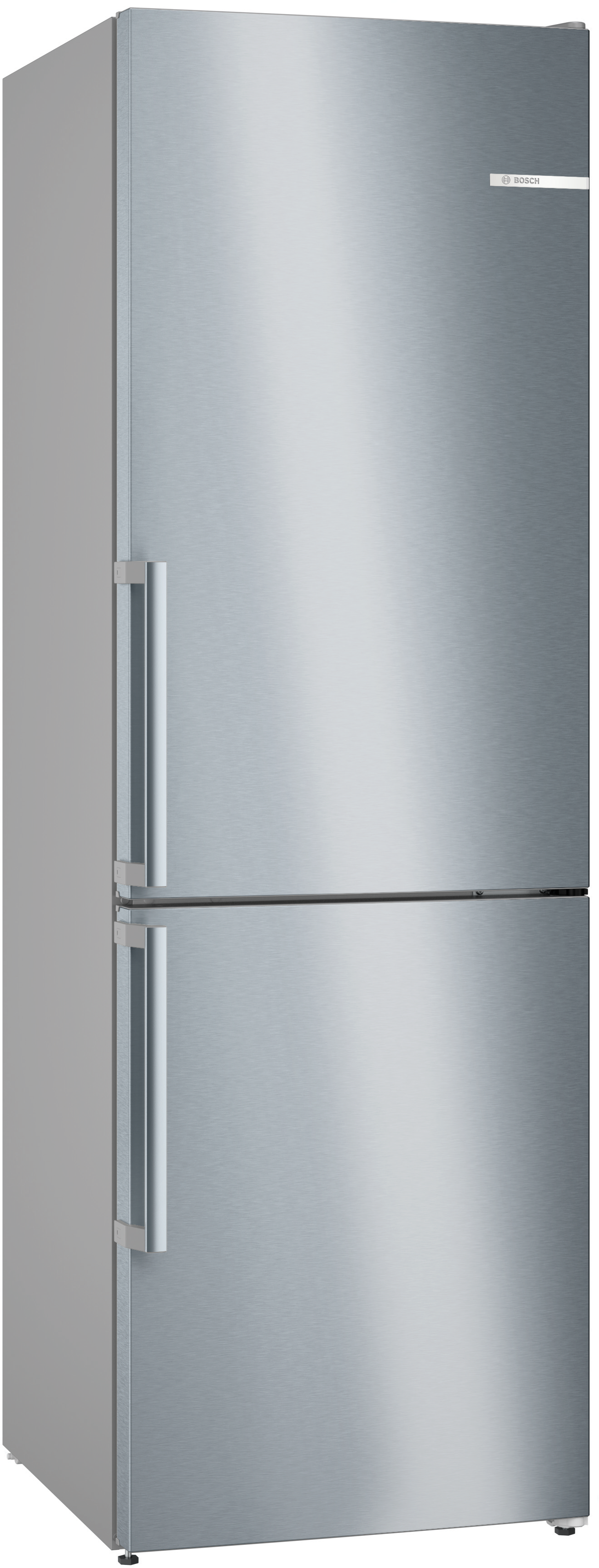 Edelstahl Bosch Kühlschrank, zwei Türen, Griffe auf der linken Seite.