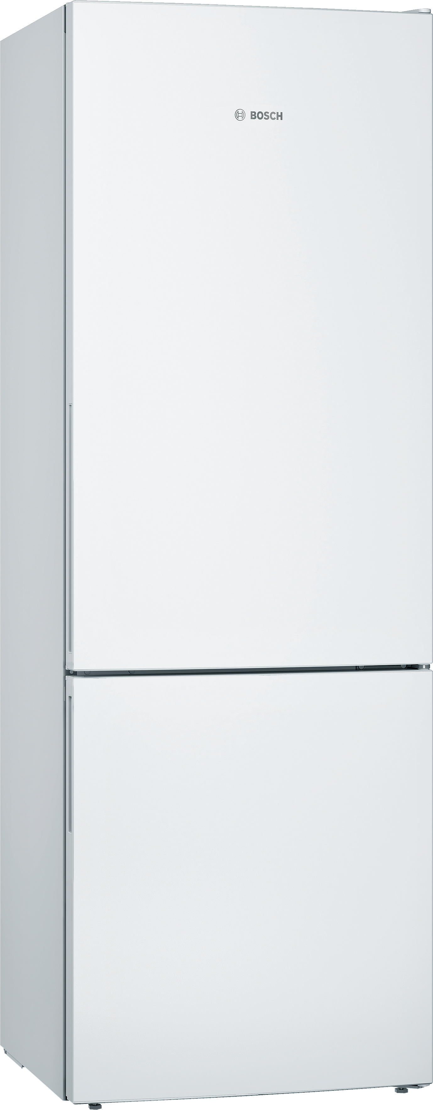 Ein weißer Bosch Kühlschrank. Er hat ein Gefrierfach unten und einen Kühlschrank oben.