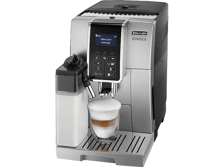 DELONGHI Dinamica ECAM352.57.SB - 6 Kaffeespezialitäten, 4 Direktwahltasten, feiner Milchschaum, einfache Bedienung, Kaffeevollautomat Silber/Schwarz