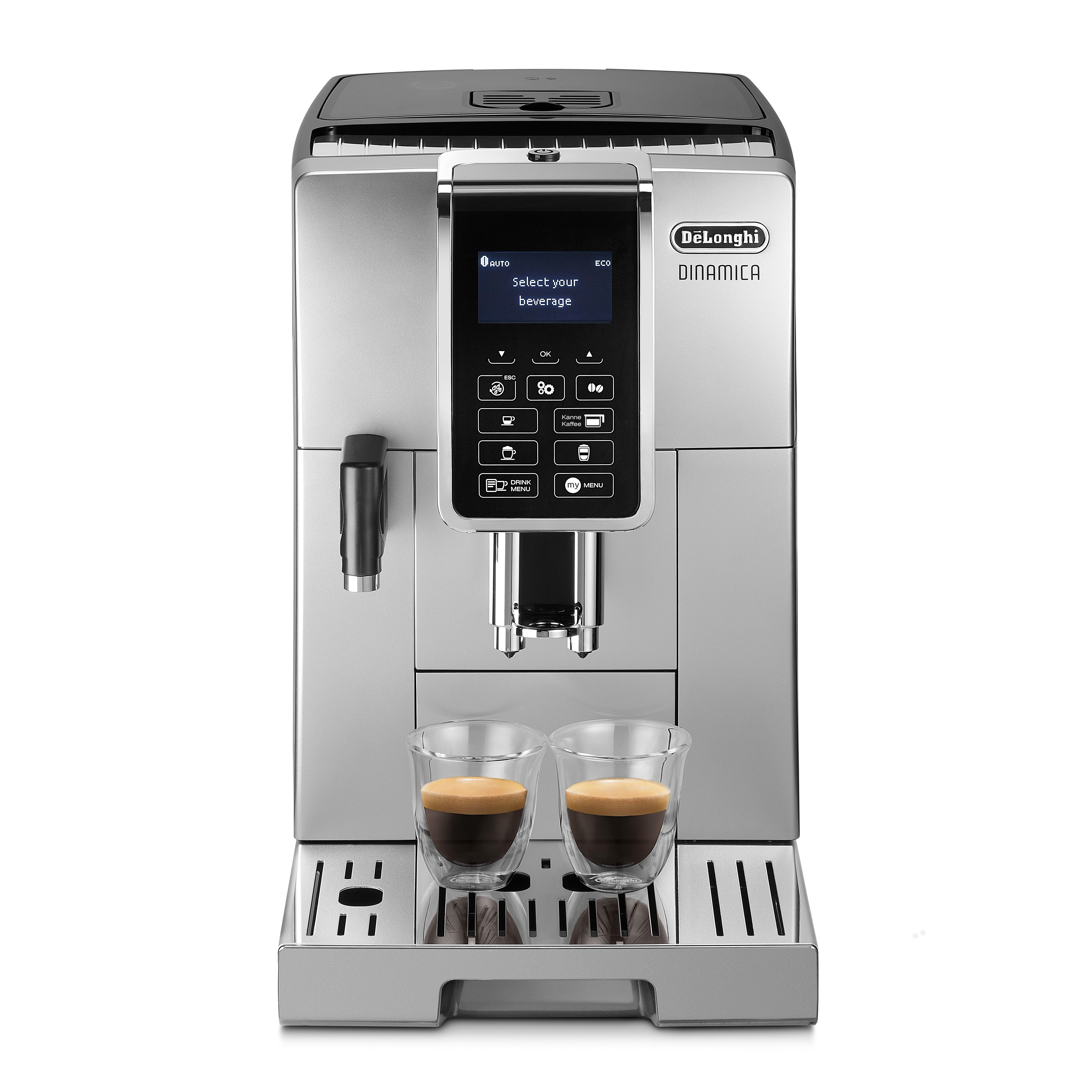 Silber-schwarze DeLonghi Kaffeemaschine mit zwei Kaffeegläsern.