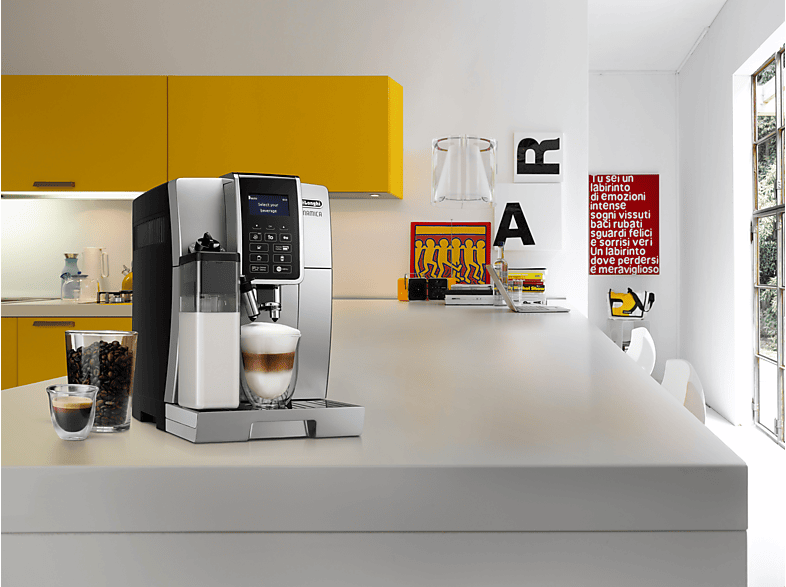 DELONGHI Dinamica ECAM352.57.SB - 6 Kaffeespezialitäten, 4 Direktwahltasten, feiner Milchschaum, einfache Bedienung, Kaffeevollautomat Silber/Schwarz