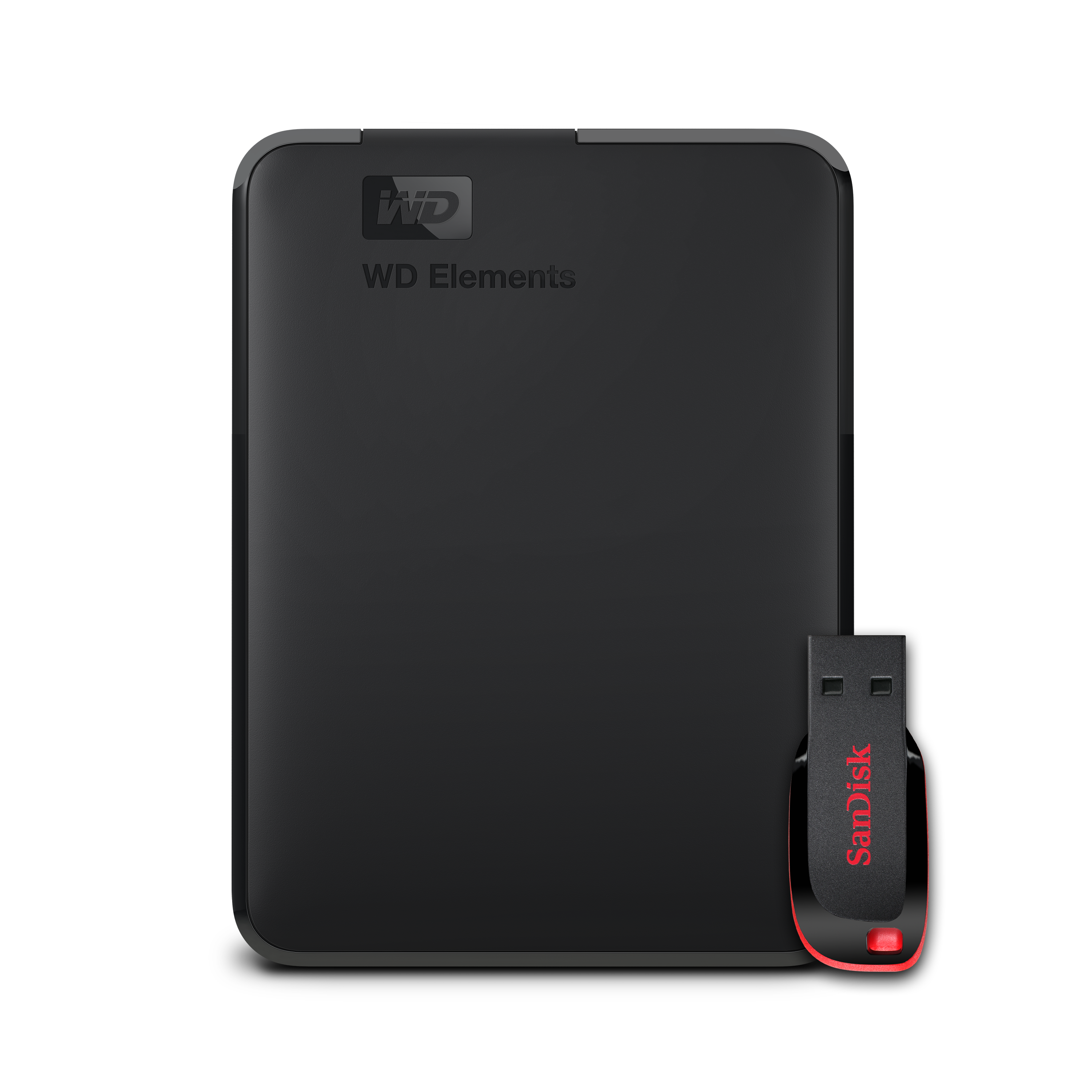 Disque dur portable noir et une clé USB rouge et noire. Le disque dur a le logo WD.