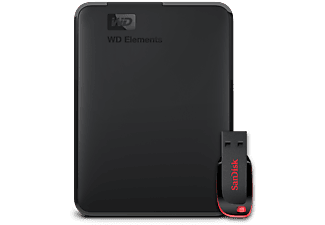 WESTERN DIGITAL Elements Portable + SanDisk Cruzer Blade 32 GB Bundle - Disco rigido con Chiavetta USB (HDD, 1 TB, Nero)