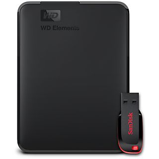 WESTERN DIGITAL Elements Portable + SanDisk Cruzer Blade 32 GB Bundle - Disco rigido con Chiavetta USB (HDD, 1 TB, Nero)