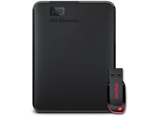 WESTERN DIGITAL Elements Portable + SanDisk Cruzer Blade 32 GB Bundle - Disque dur avec Clé USB (HDD, 1 TB, Noir)
