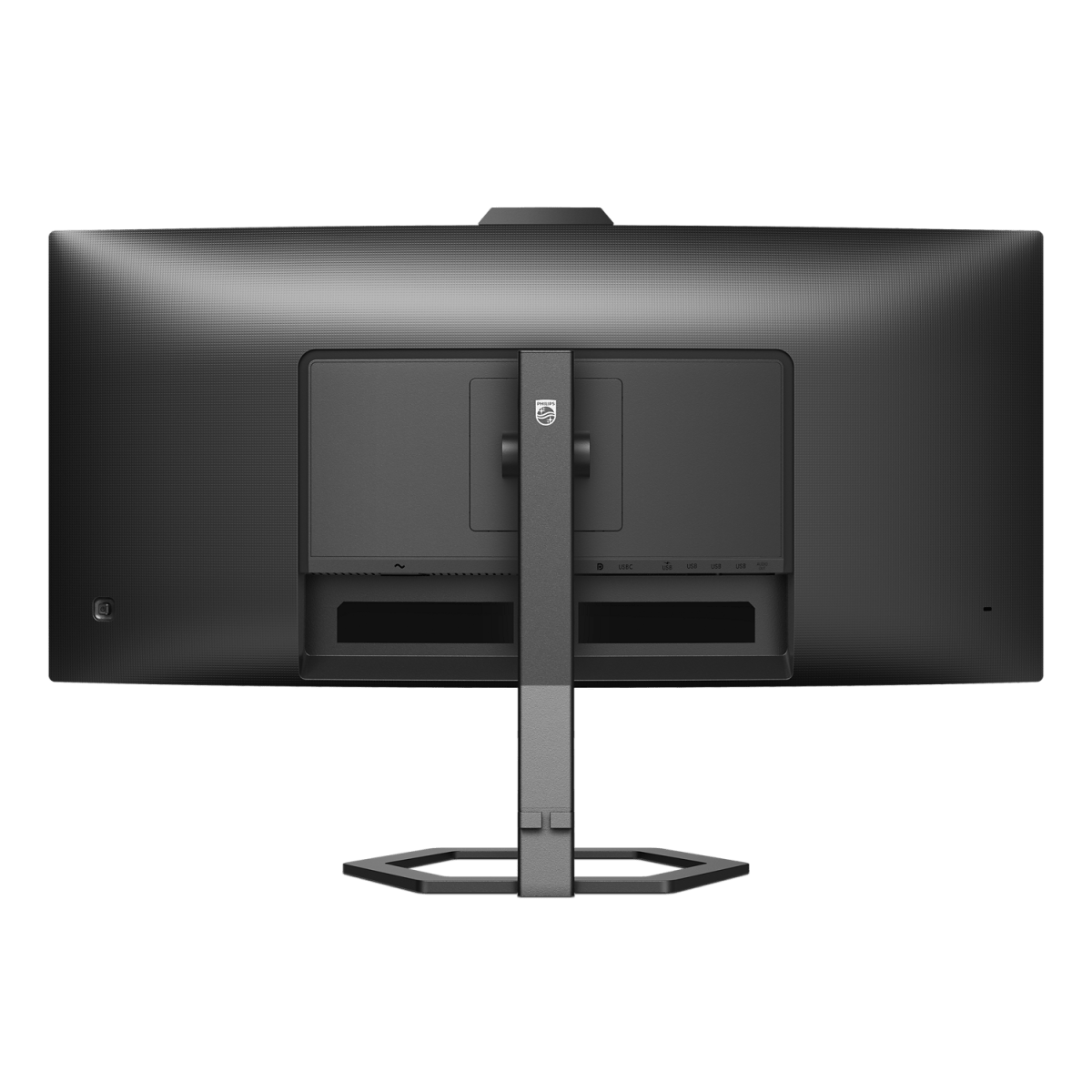 Rückseite eines schwarzen Computermonitors mit Ständer. Es hat ein Philips-Logo und Anschlüsse. Der Hintergrund ist schwarz.