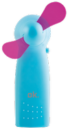 A small blue and pink handheld fan.