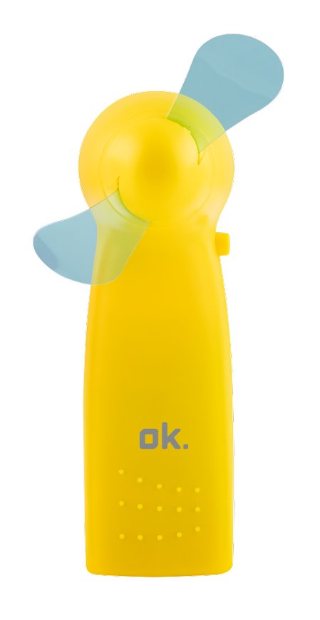A yellow handheld fan with blue blades, white background. Small dots and the word 'ok.' are visible.
