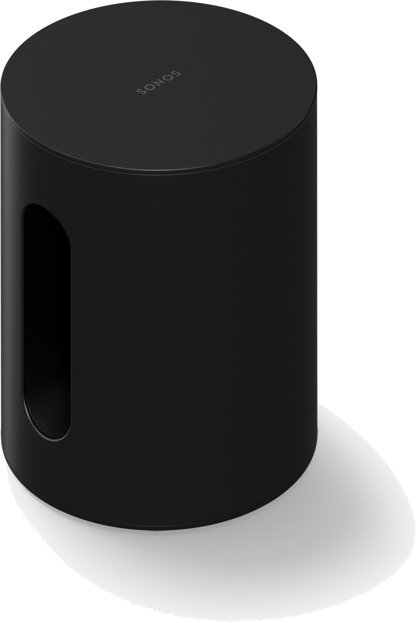 Een zwarte Sonos-luidspreker. Hij heeft een cilindrische vorm en een gat aan de zijkant.