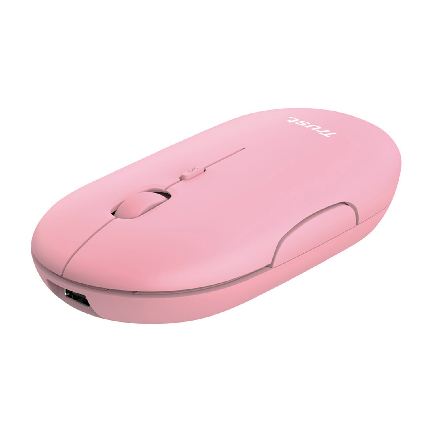 Mouse wireless rosa su sfondo bianco, con rotella e pulsante.
