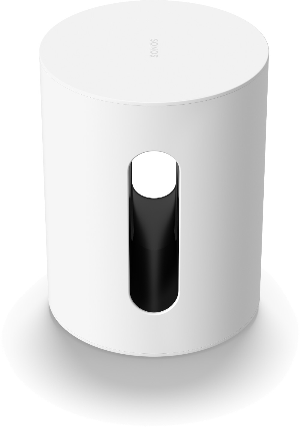 White Sonos Subwoofer, cylindrical shape, with a black, oval-shaped opening.