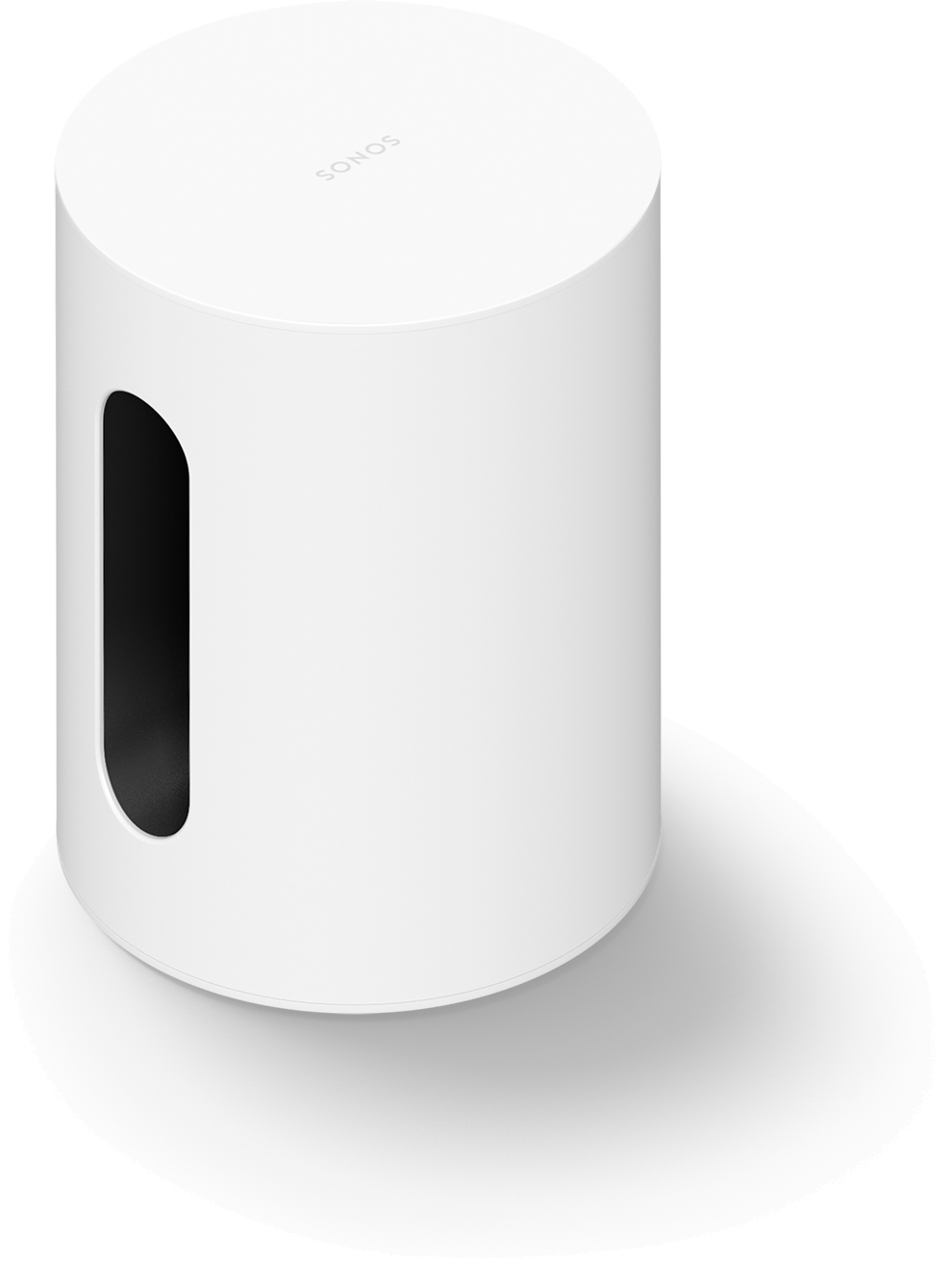 White Sonos subwoofer with a cylindrical shape, featuring a slot for sound.