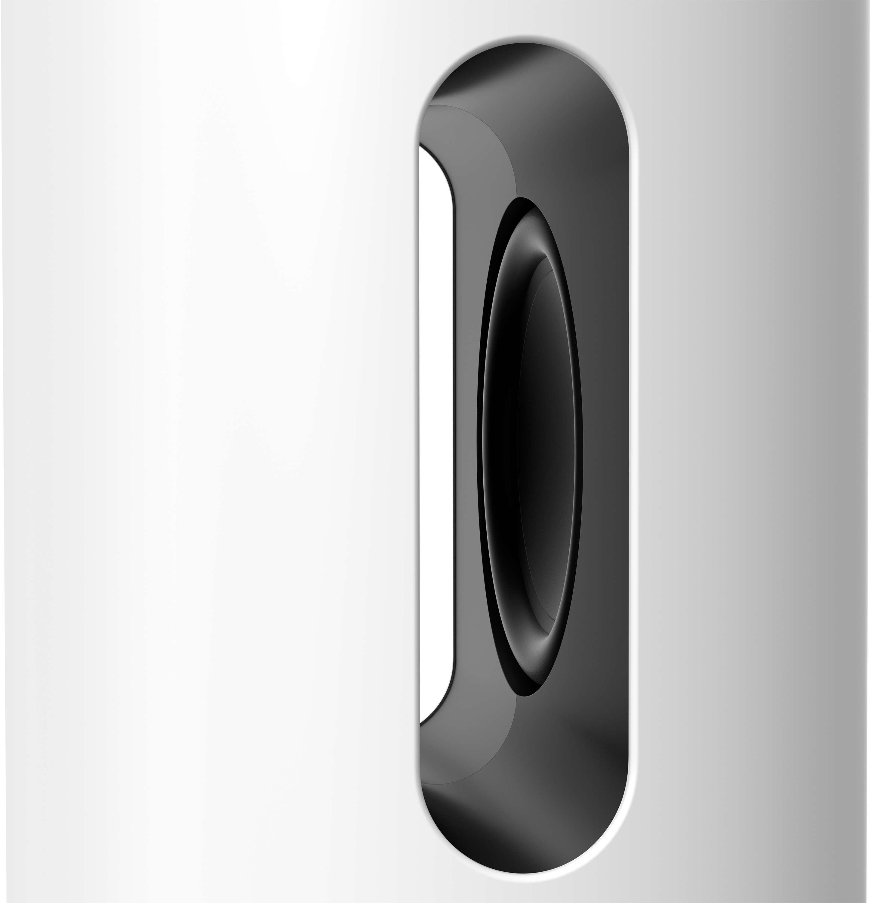 Close-up of a white Sonos subwoofer, showing the black slot for sound output.