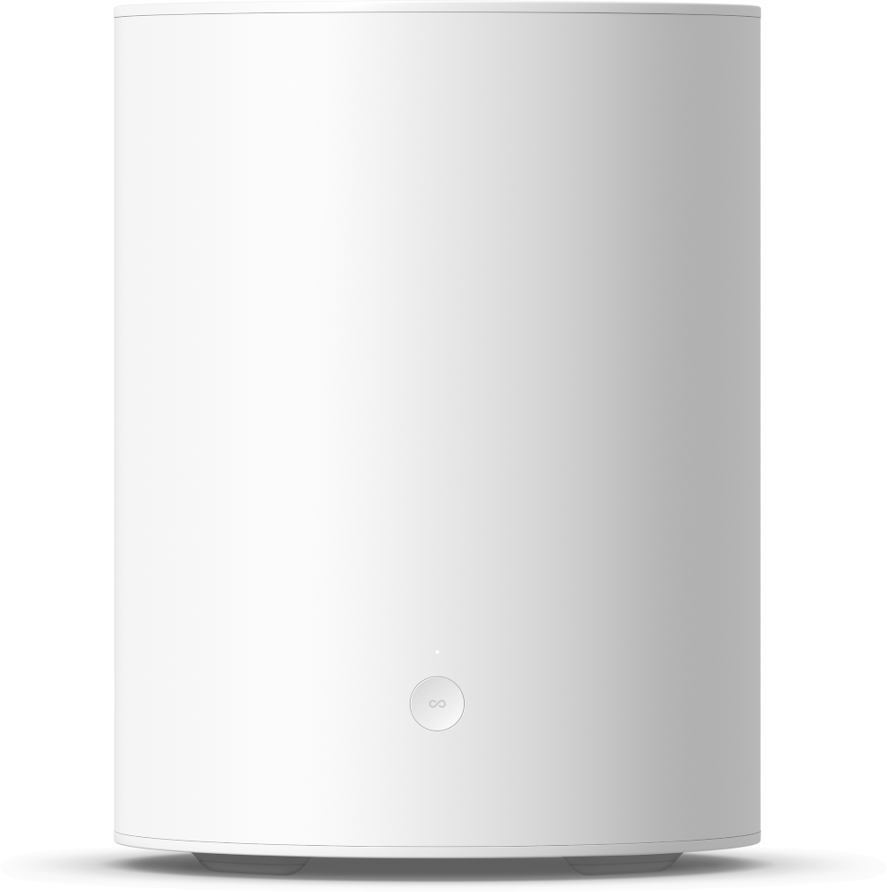 A white cylindrical device with a logo and a small, illuminated button.