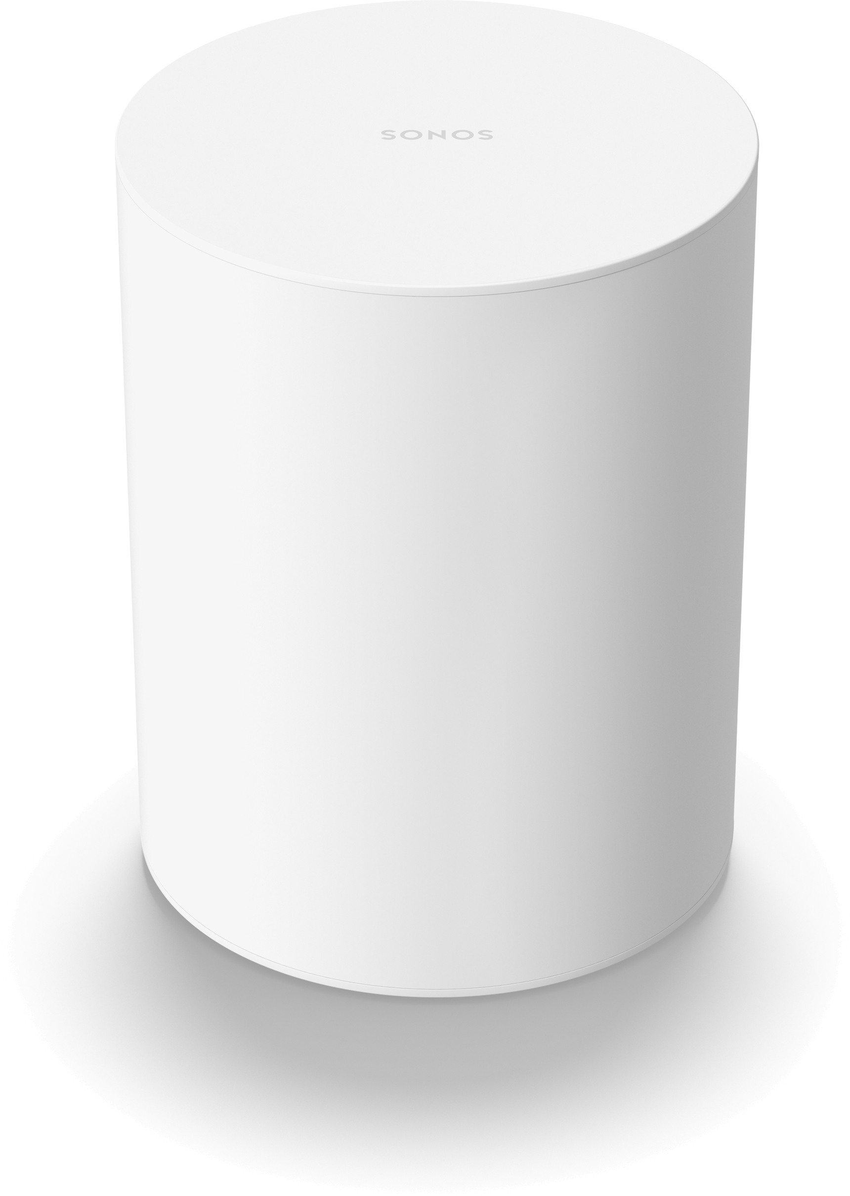 White Sonos subwoofer, cylindrical design, simple and modern, shadow on the floor.