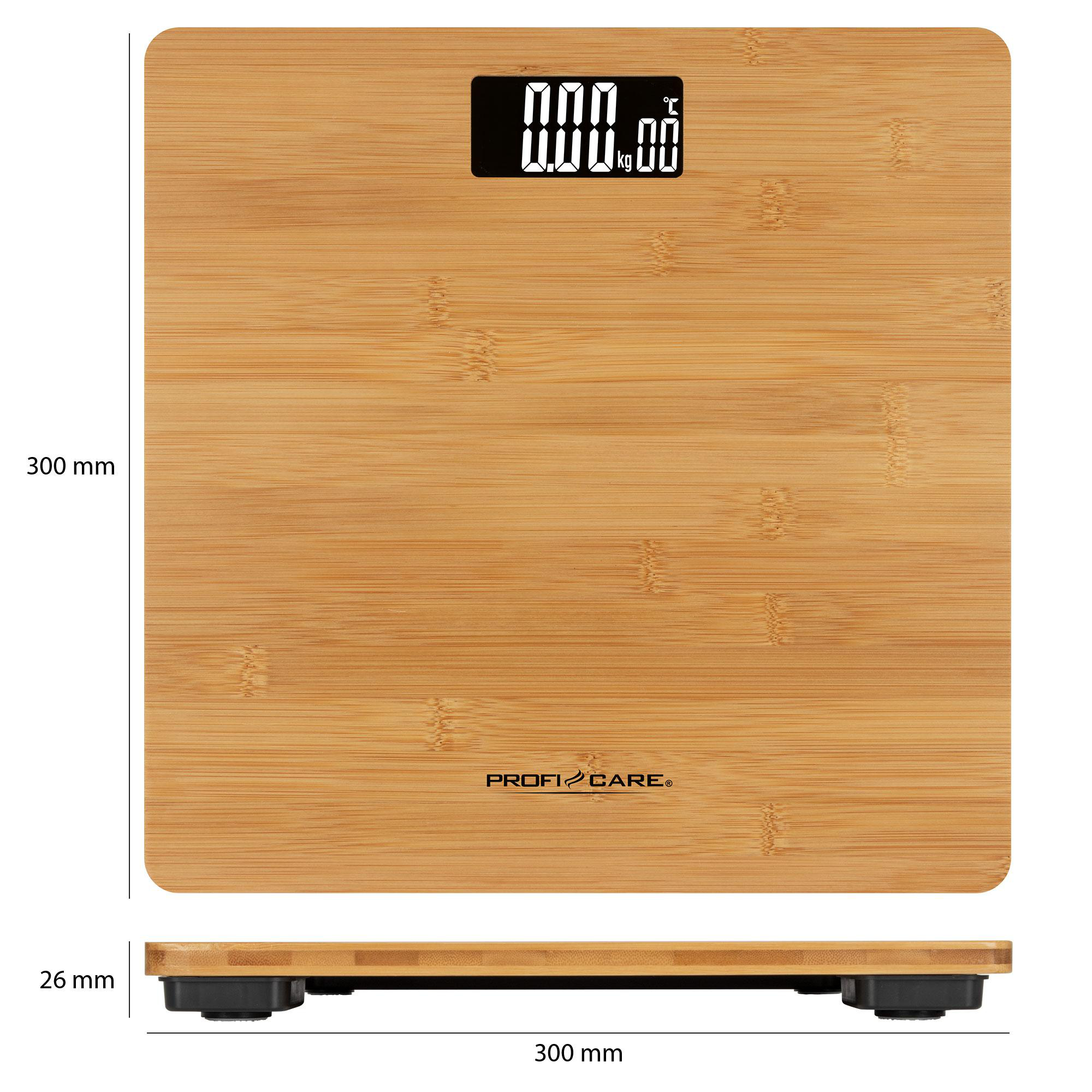 Bambus-Digitalwaage mit Maßen und einer Anzeige von 000,0 kg.