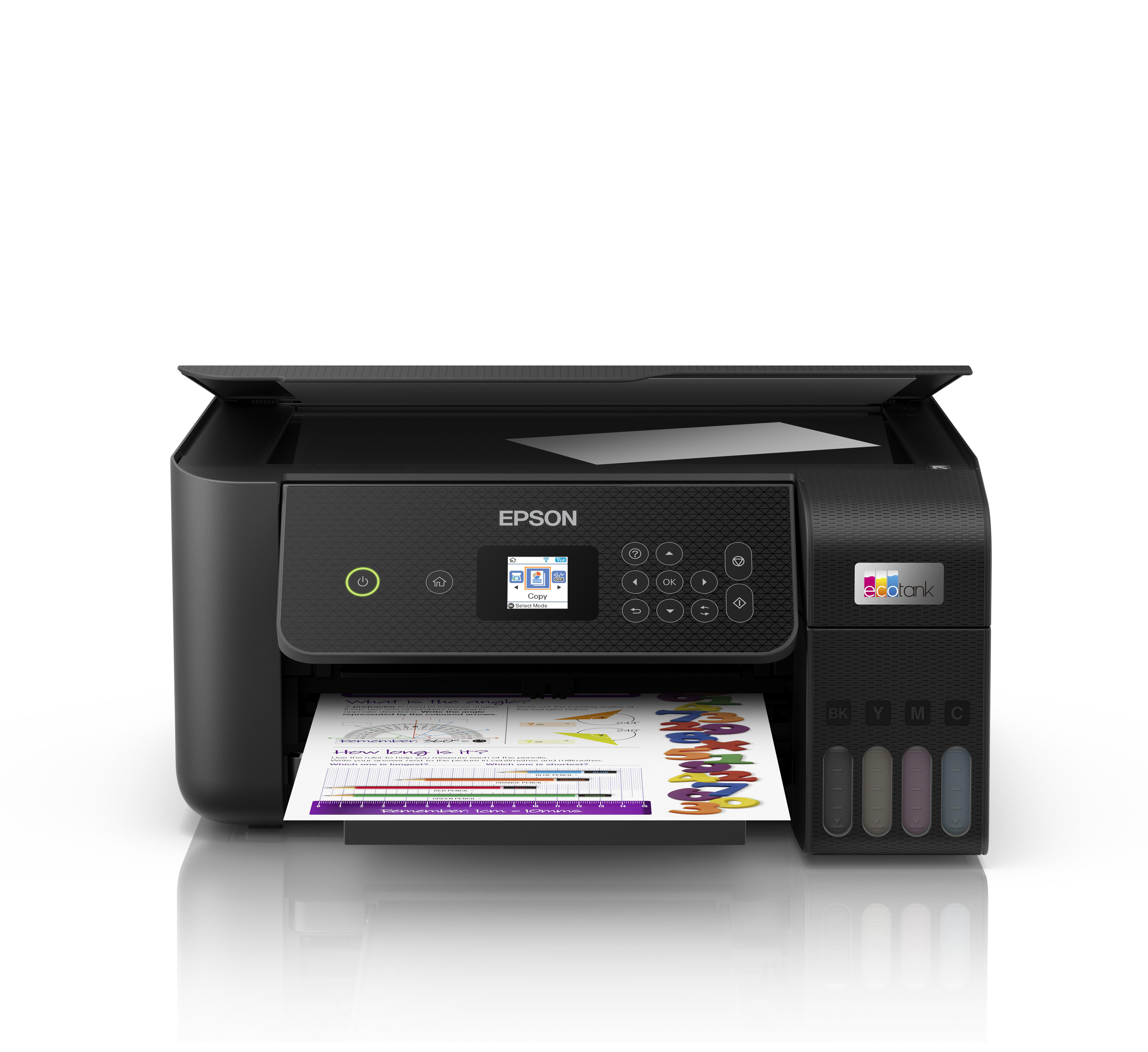 Ein Epson-Drucker mit Papier und Tintenbehältern. Der Drucker steht auf weißem Hintergrund.