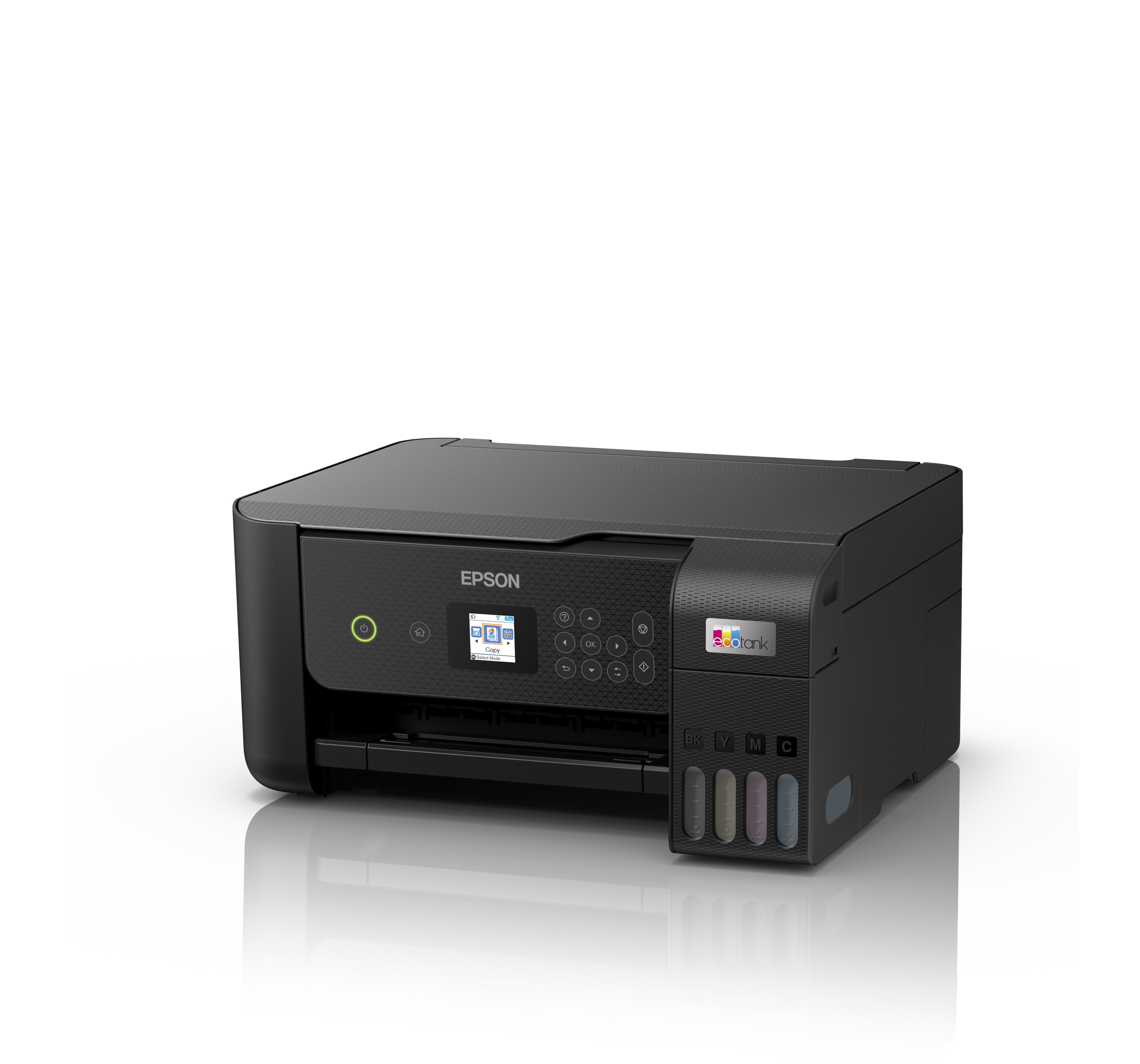 Epson Drucker, schwarz, mit Bedienfeld und Tintenbehältern. Weißer Hintergrund.
