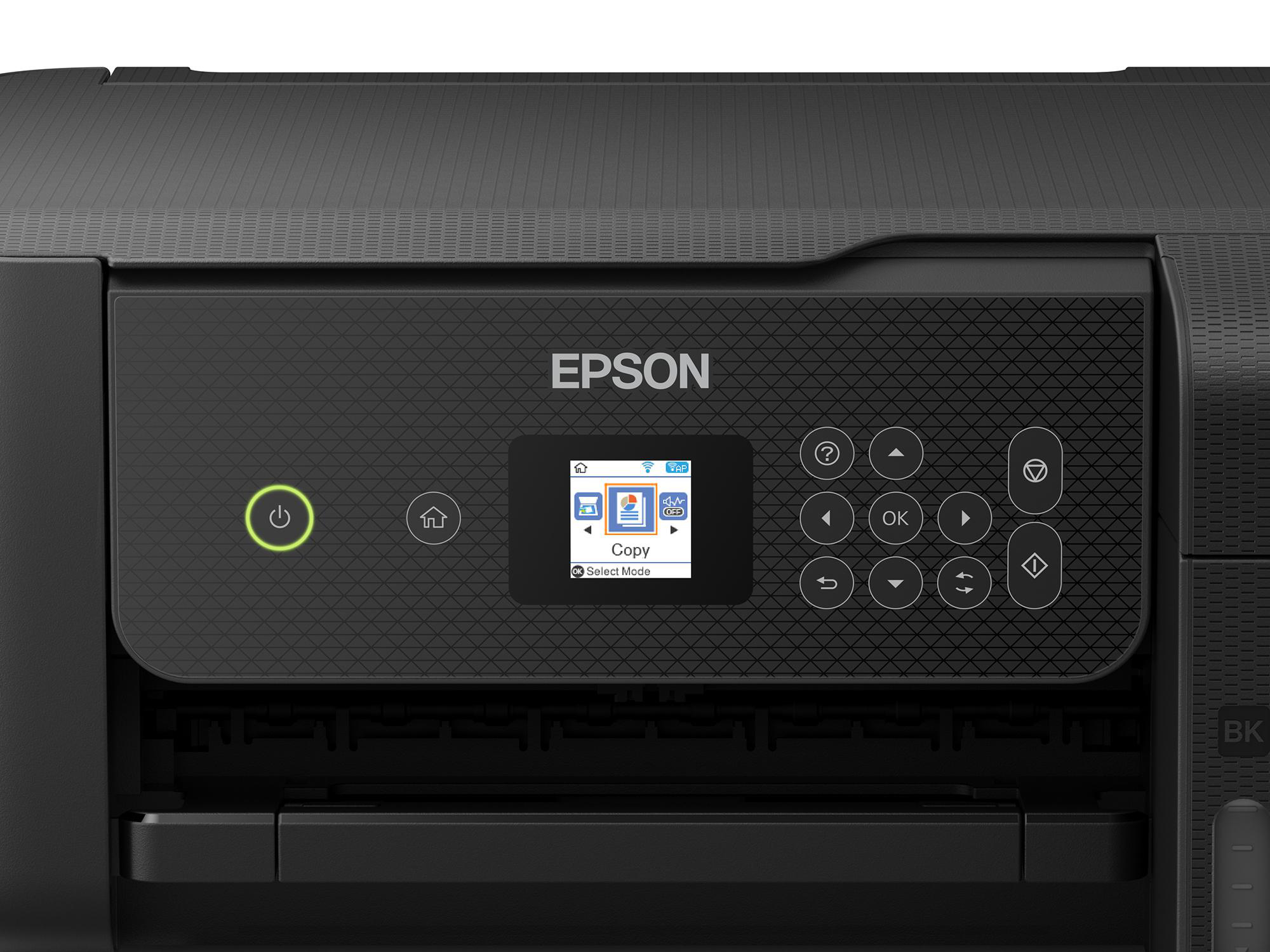 Ein Epson-Drucker mit einem Display, das Kopieroptionen anzeigt. Er hat Tasten für Ein/Aus, Home und Navigation.